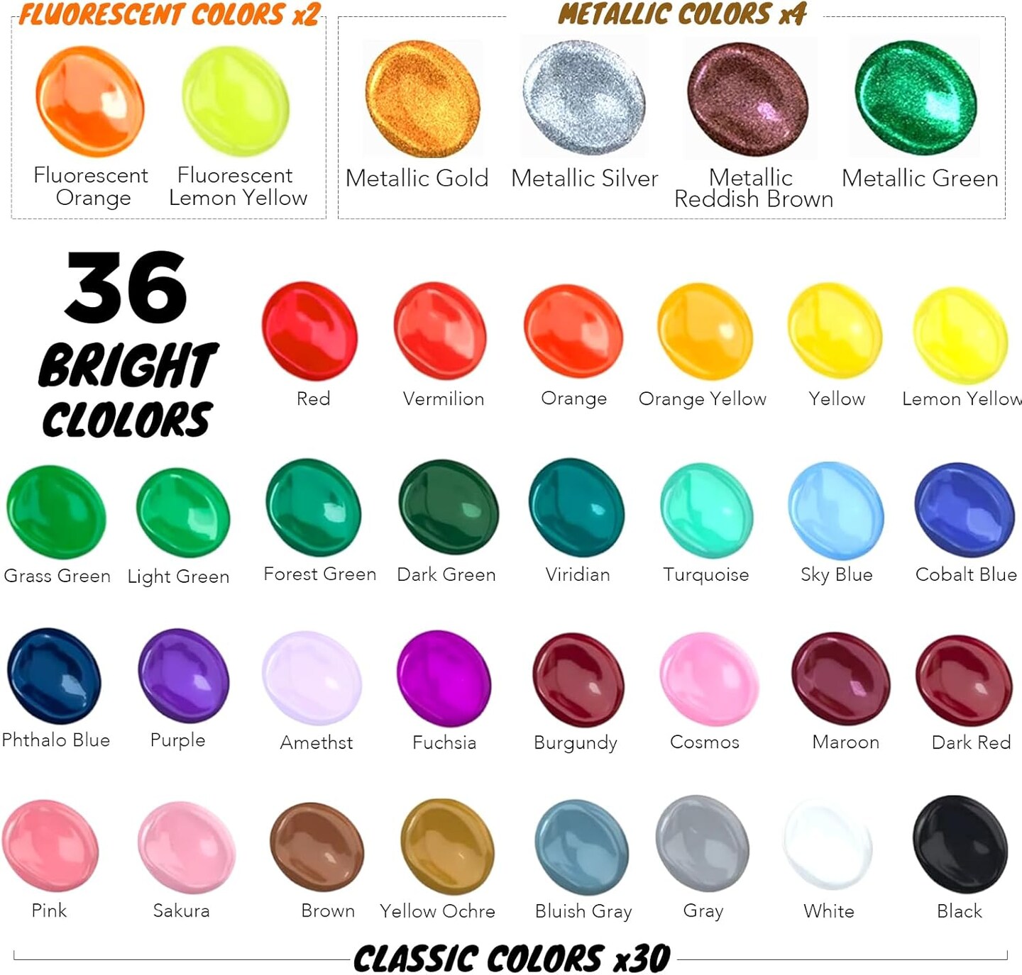 Acrylic Paint Set 36 Colors(2 fl oz/60 ml), Premium Acrylic Paints for Students &#x26; Adults, With Fluorescent Colors &#x26; Metallic Colors for Painting, Drawing &#x26; Art Supplies, DIY Arts and Crafts