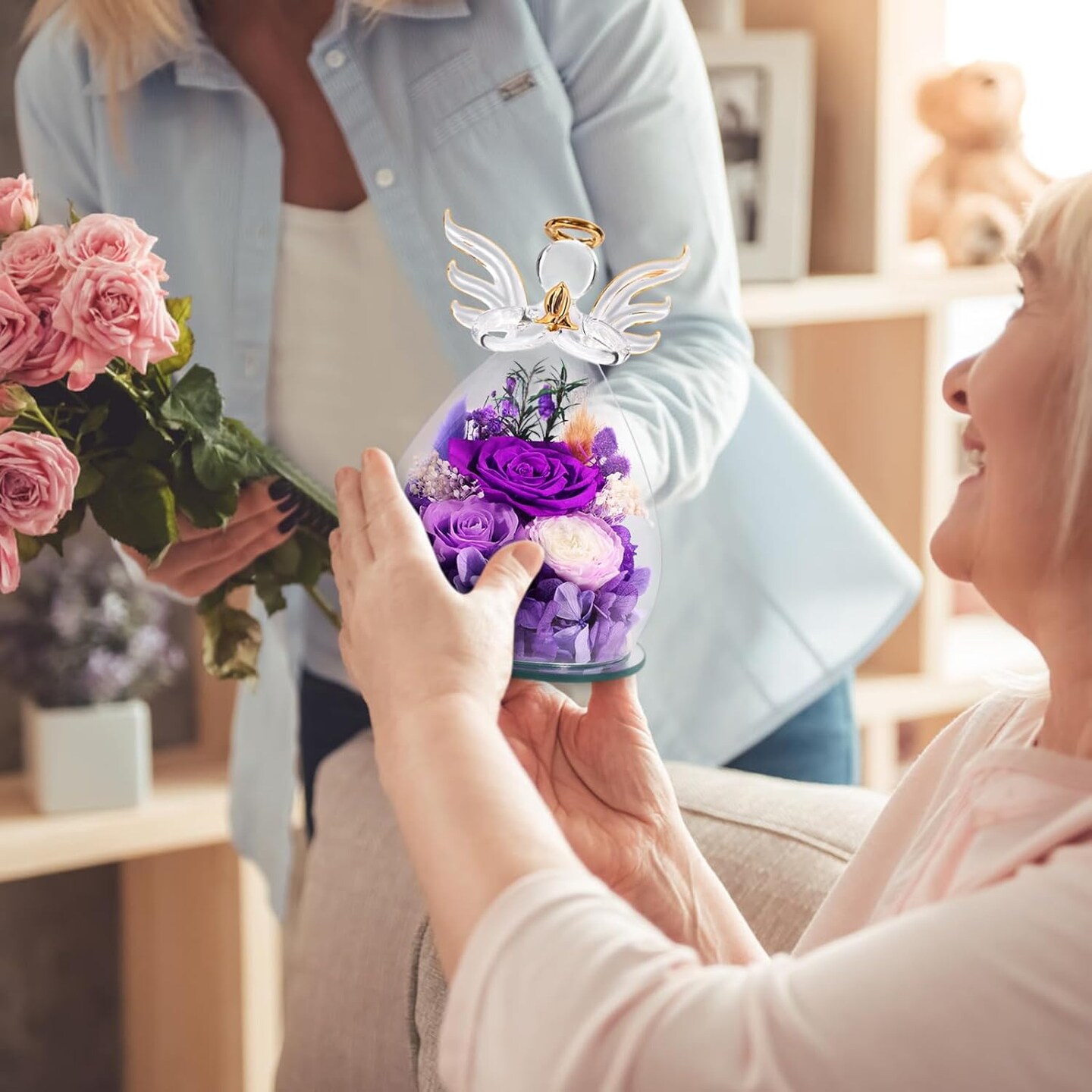 Gifts for Women Preserved Rose Forever Flower in Glass Angel Figurines Fresh Flowers for Delivery Prime Mothers Day Birthday Gifts for Mom Real Purple Roses for Grandma Sister Wife Her Daughter