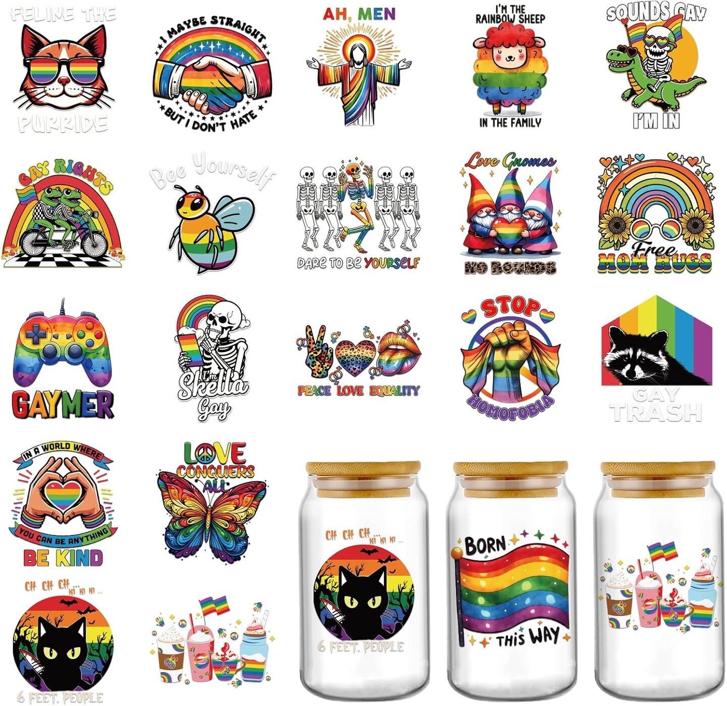 LGBT Pride UV DTF Stickers - 20 Sheets Gay Pride Rainbow Uvdtf Cup Wraps for 16 oz Glass Water Bottle, LGBTQ Equality Parades Funny Cat Butterfly Transfer Sticker Decals Mug Decor Gift for Lesbian