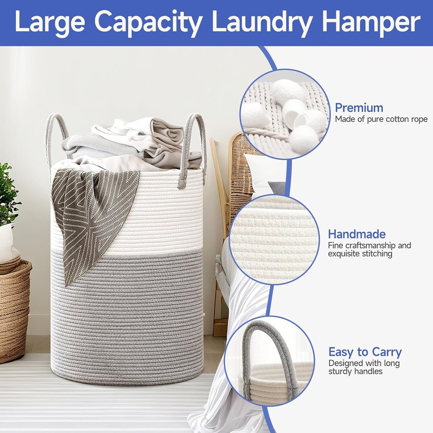 60L Laundry Hamper with Handles,Decorative Blanket Basket Tall Woven Rope Storage Basket for Dirty Clothes,Toys,Blankets in Living Room, Bathroom&#x26;Bedroom