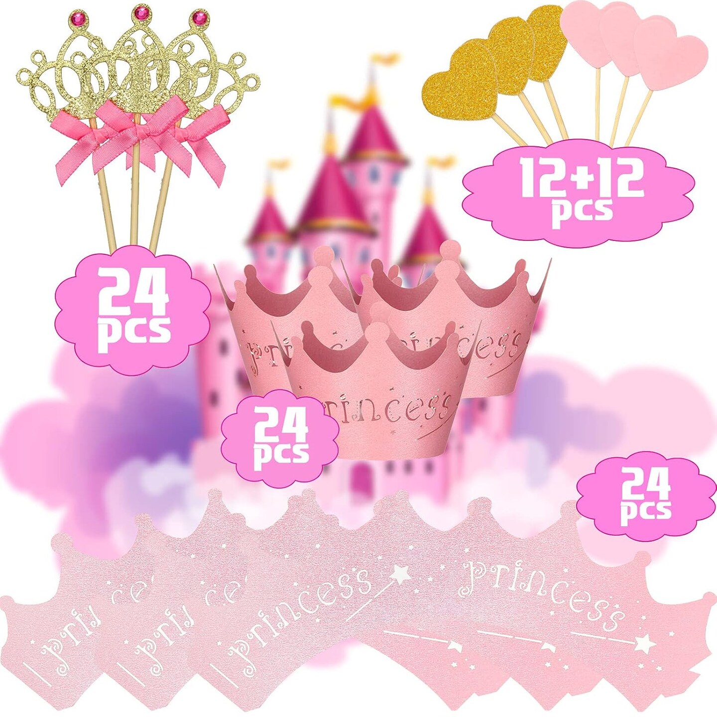 72 Pieces Glittery Princess Cupcake Toppers Crown Wrapper Holder Pink Gold Crown Tiara Pick Glitter Heart Cupcake Topper Baby Shower Decoration for Birthday Wedding Party Decor