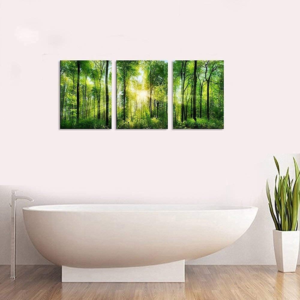 Summer Green Forest Canvas Wall Decor 12x16 inches, Home Decor with Natural Light Elements, Minimalist Canvas Print for Living Room, Bedroom, or Hallway -3 Panels Sunrise Landscape Modern Nature Art