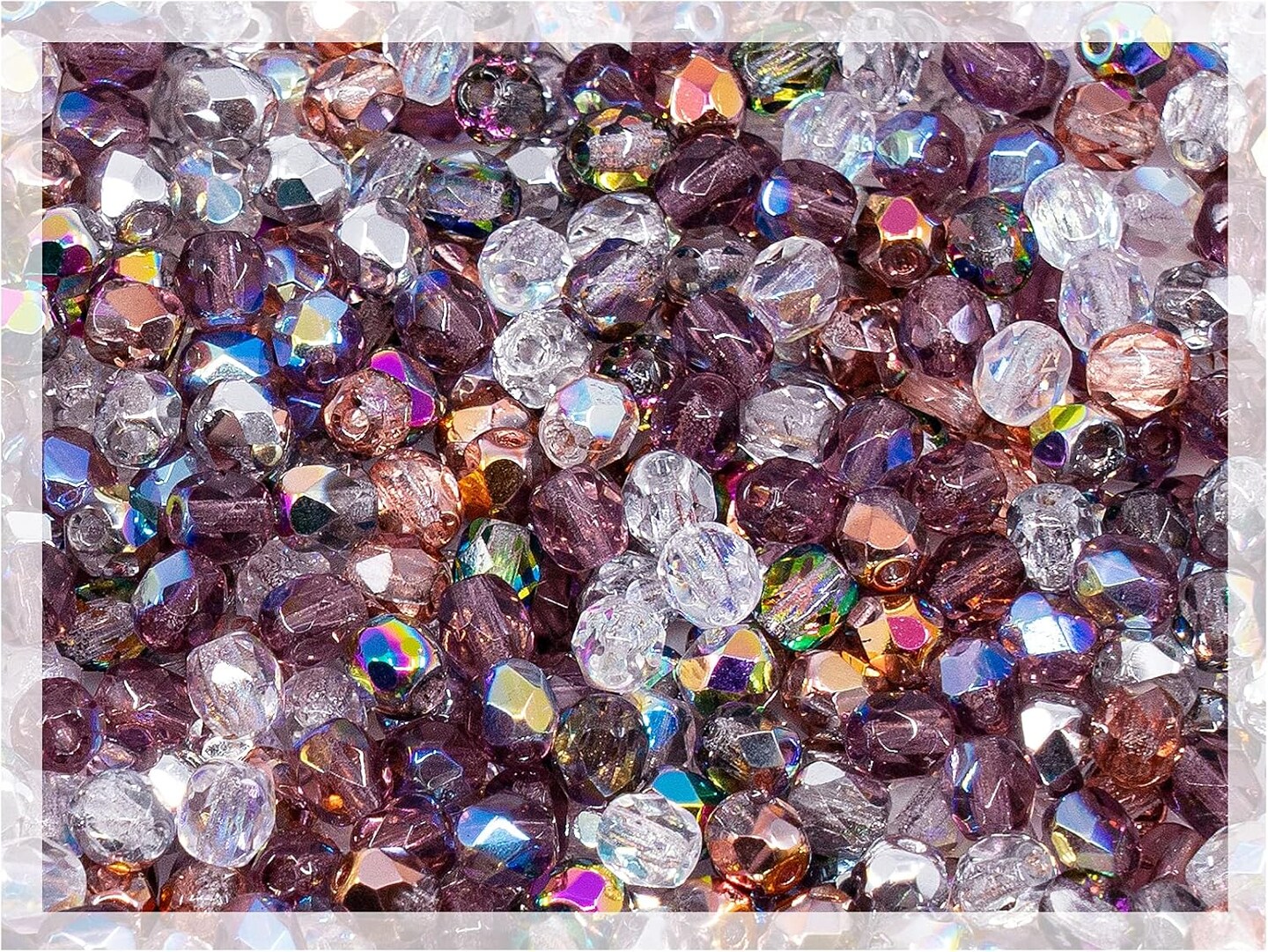1.8 oz (50 g, cca 600pcs) Mix of Faceted Fire Polished Pressed Czech Glass Beads, Sparkling Shiny Mix