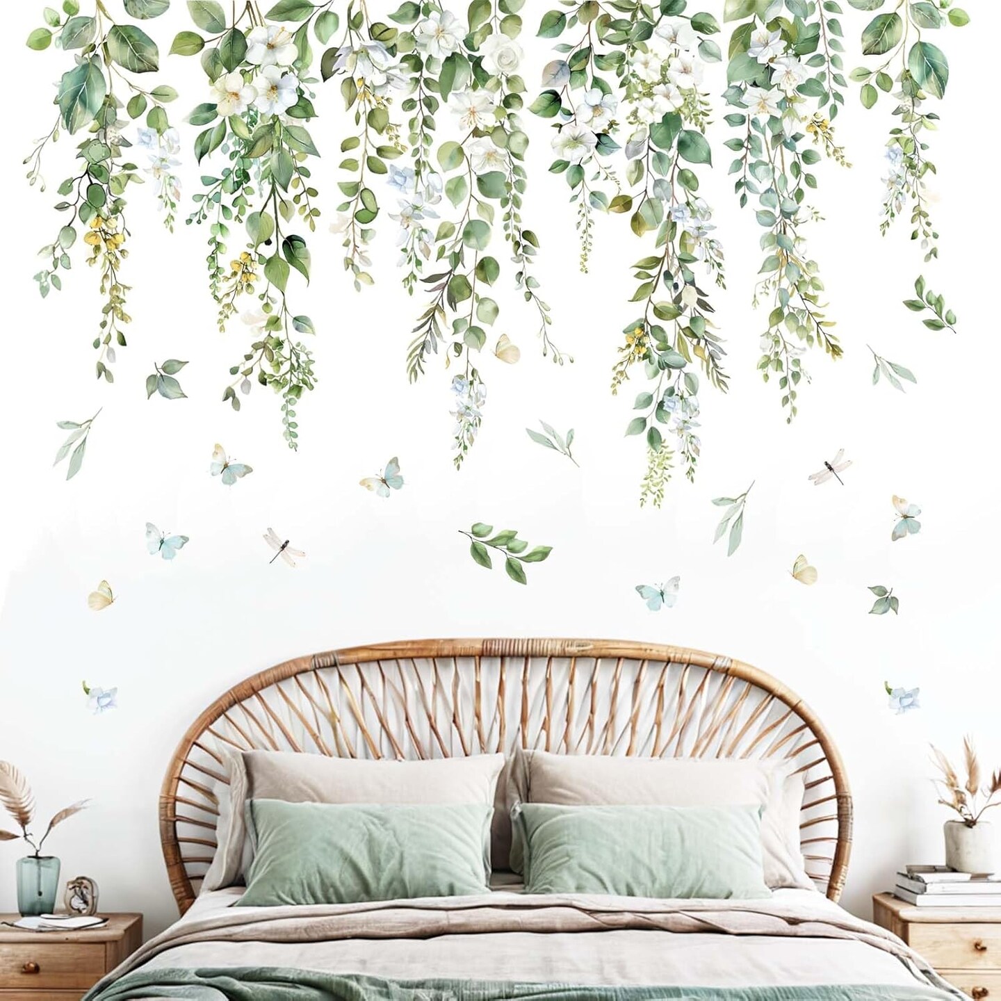 Hanging Vine Wall Decals - Green Nature Plants Leaves Wall Stickers - Bedroom Living Room Sofa TV Background Home Wall Decor