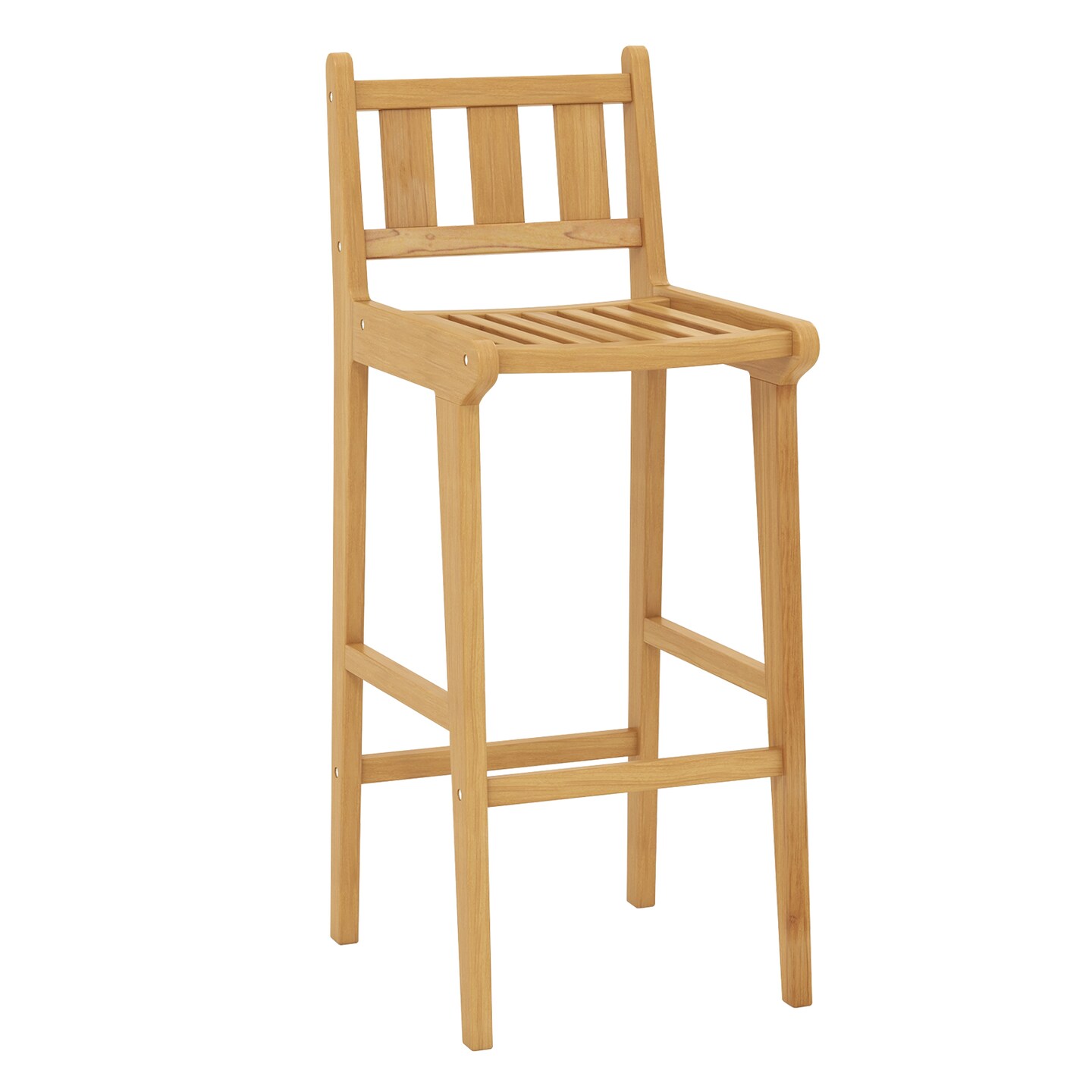 30 Inch Teak Wood Slatted Design Bar Chair with Footrest and Backrest Ideal for Outdoor Use