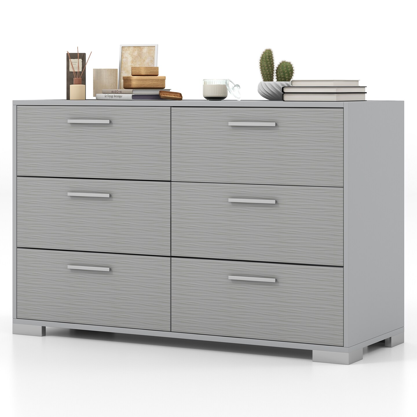 6 Drawer Grey Dresser with Wide Top and Metal Base Storage Cabinet for Bedroom or Entryway