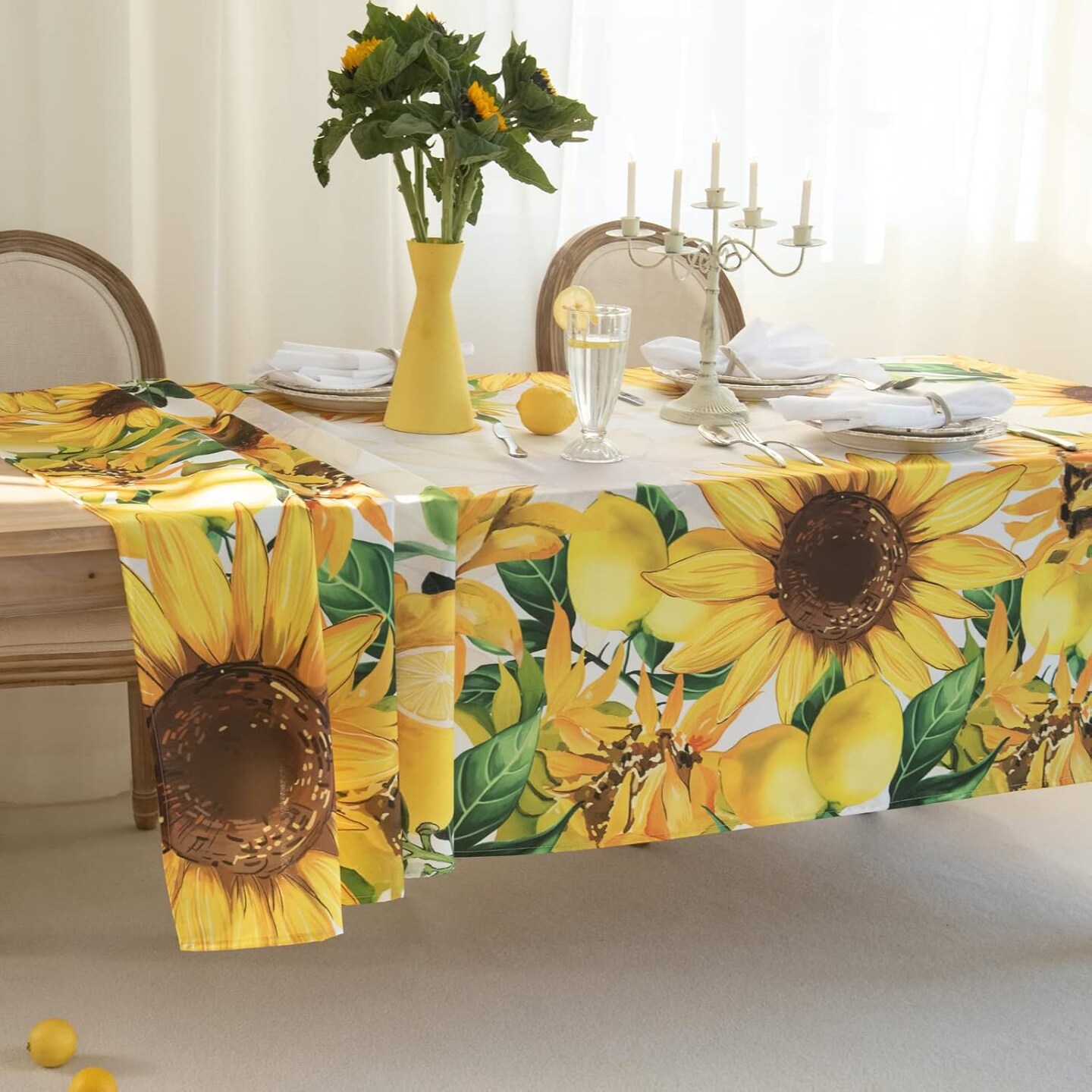 Summer Sunflower and Lemonade Watercolor Style Tablecloths 60*120, Sunflowers Table Cloth Floral Table Cover, Water Resistant Morocco Lemon and Sun Flowers Oblong Tablecloth - Summer Flower Table Settings