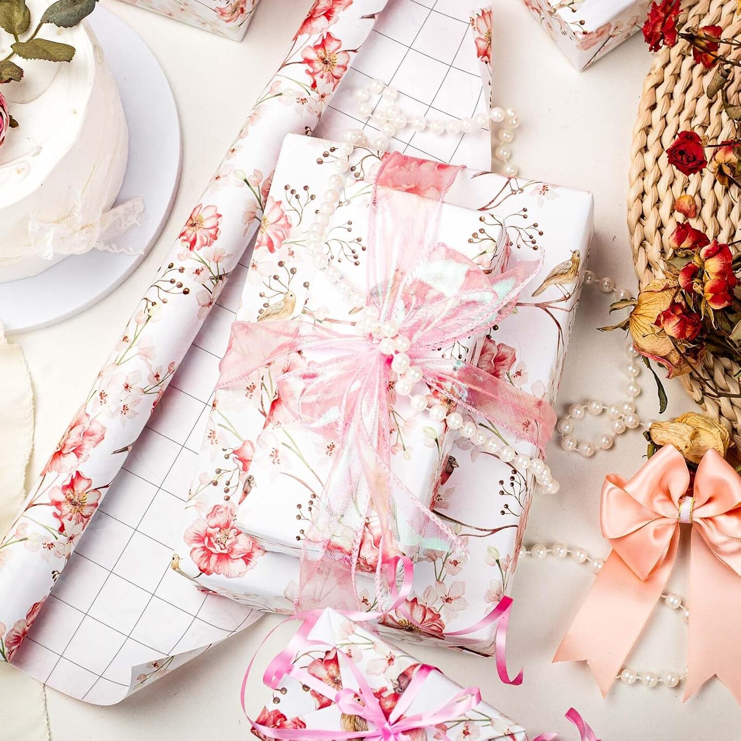 Gift Wrapping Paper Roll - Romantic Watercolor Pink Flower and Birds Design Gift Wrap Paper