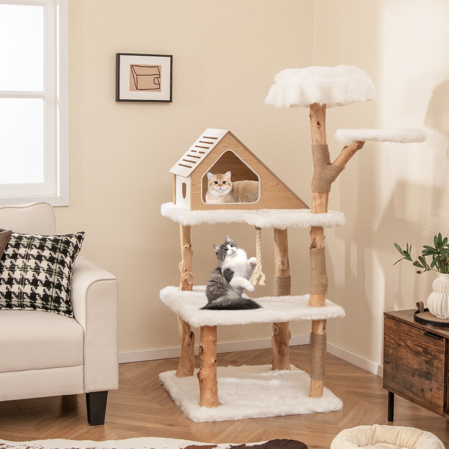 60 Inch Tall Wooden Cat Tree Tower with 2 Cozy Perches and 2 Large Platforms