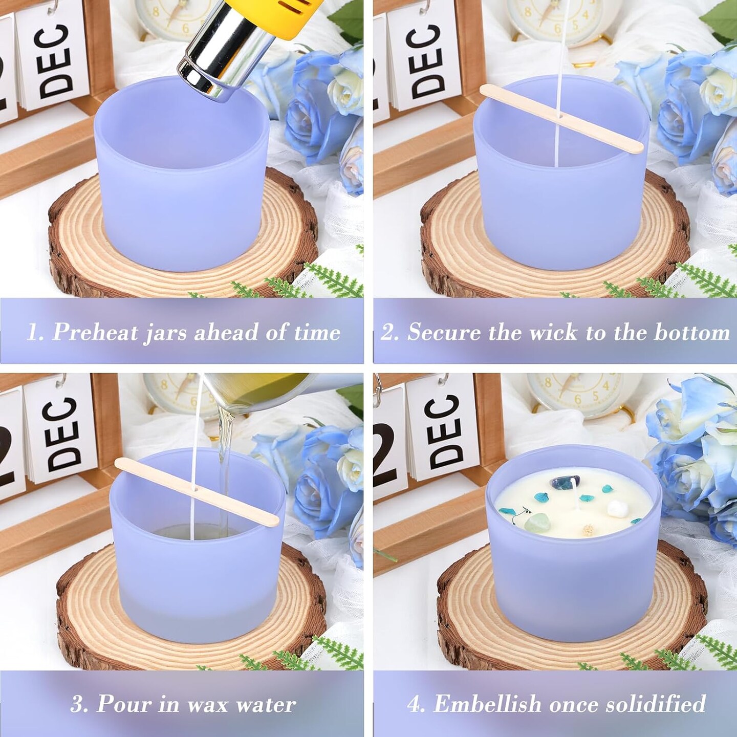 8 Pack 12 OZ Purple Glass Wide Mouth Candle Jars for Making Candles with Airtight Bamboo Lids Nice Sticky Warning Labels for Candle Making Empty Container Bulk - Dishwasher Safe