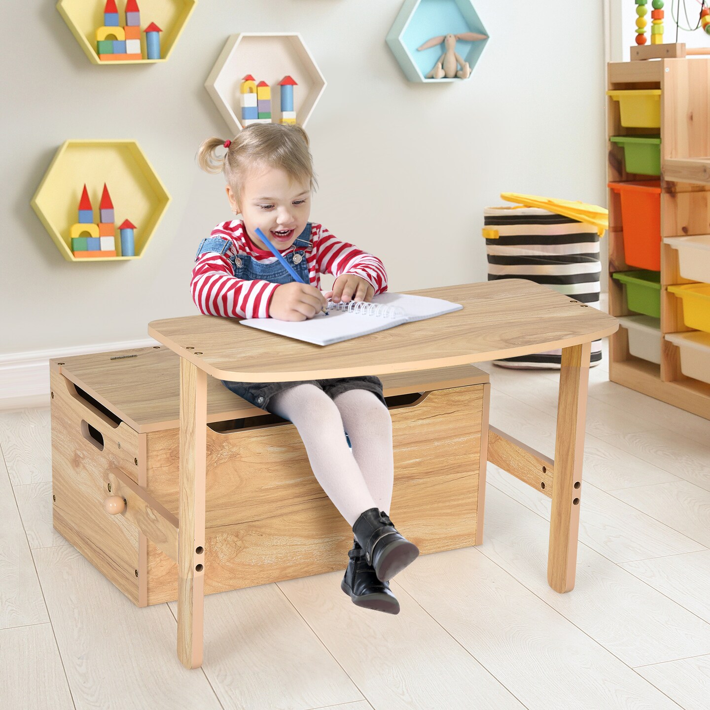 MDF 3-in-1 Kids Chair Desk Set with Storage Toy Box