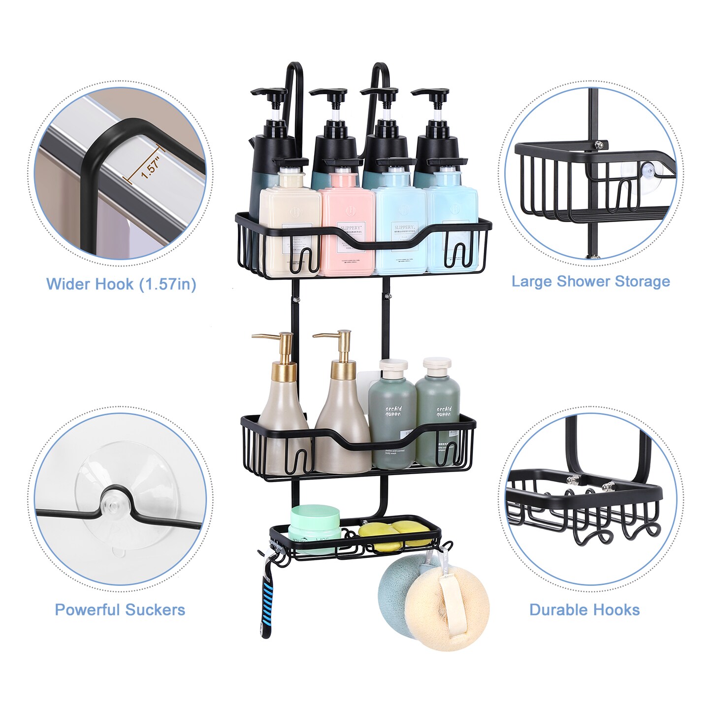 3-Tier Rustproof Shower Caddy with 4 Hooks – No Drill Hanging Bathroom Organizer, 40 lb Capacity, Adhesive Suction Cups for Shampoo, Soap, Towels