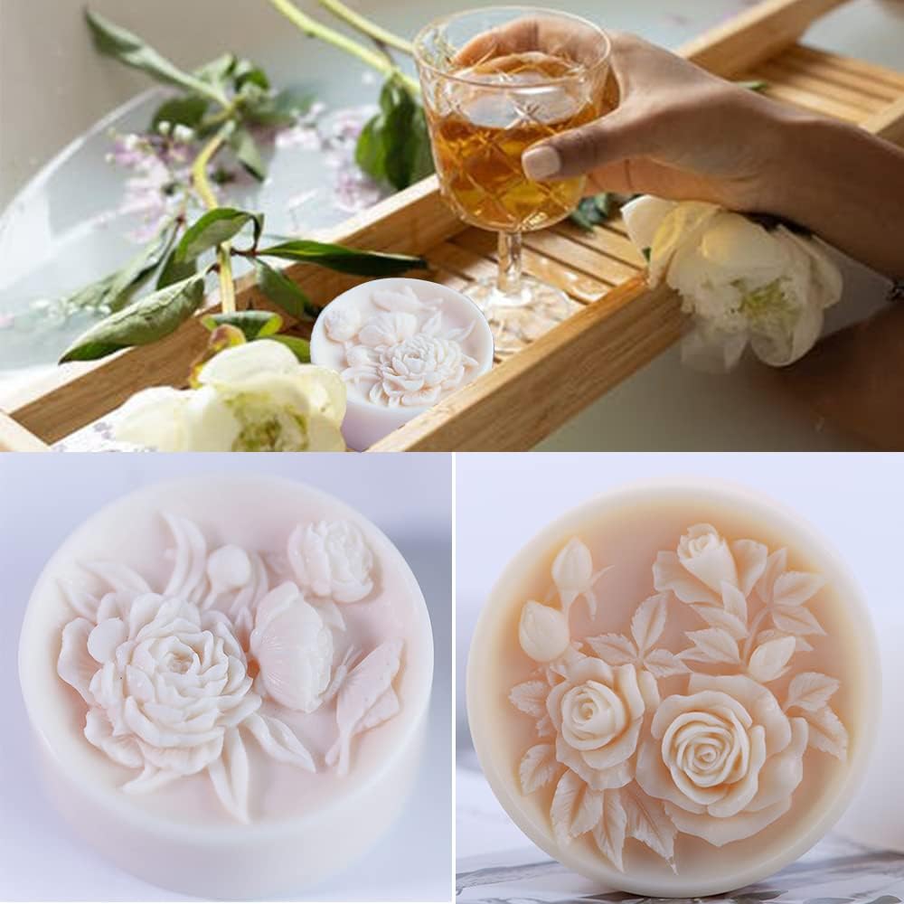 2PCS Round Flower Soap Molds for Soap Making, Rose Resin Candle Mold Silicone, Bath Bombs Lotion Bar Silicone Mold, 3D Mold