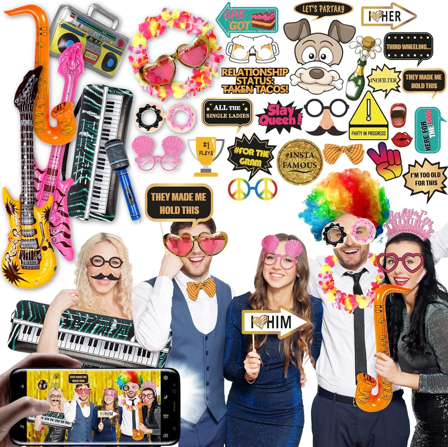 70 Pc Large Premium Photo Booth Props Set for All Occasions - Wedding Props, Birthday Props, Graduation Props, Inflatables, Large Glasses, Multi-Colored Wig, Hawaiian Lei, Hand Pump