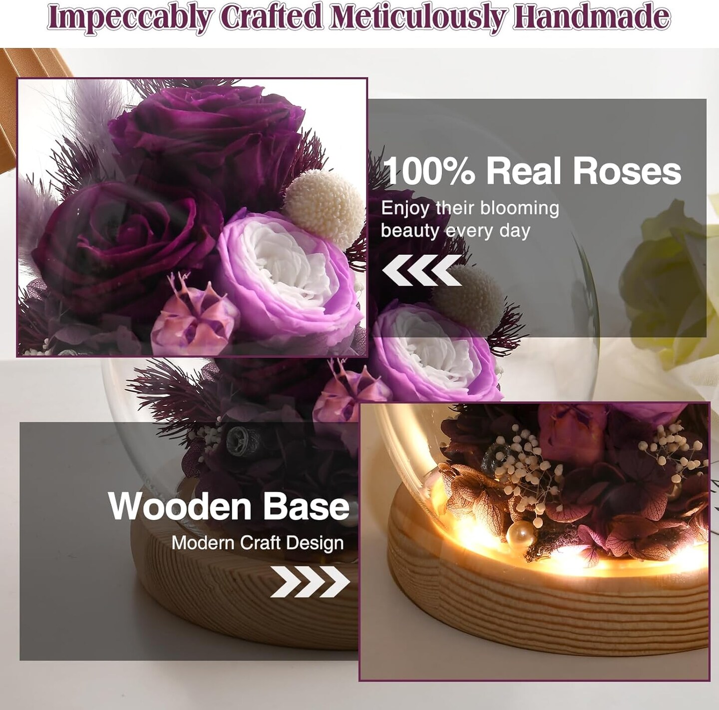 Valentines Gifts for Her, Flowers for Delivery Prime, Preserved Real Rose in Glass Dome with LED Light, Gifts Idea for Women Wife Mom Grandma on Anniversary Birthday Mothers Day