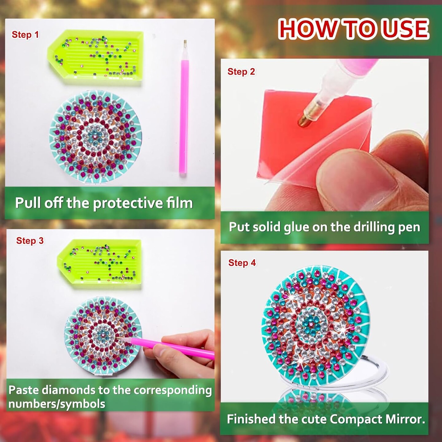 4Pcs Diamond Painting Compact Mirror Kits - DIY Pocket Mirror Diamond Painting Cover Portable Folding Mini Makeup Mirror Diamond Art Crafts Kits for Women Adults (mirror116-119)