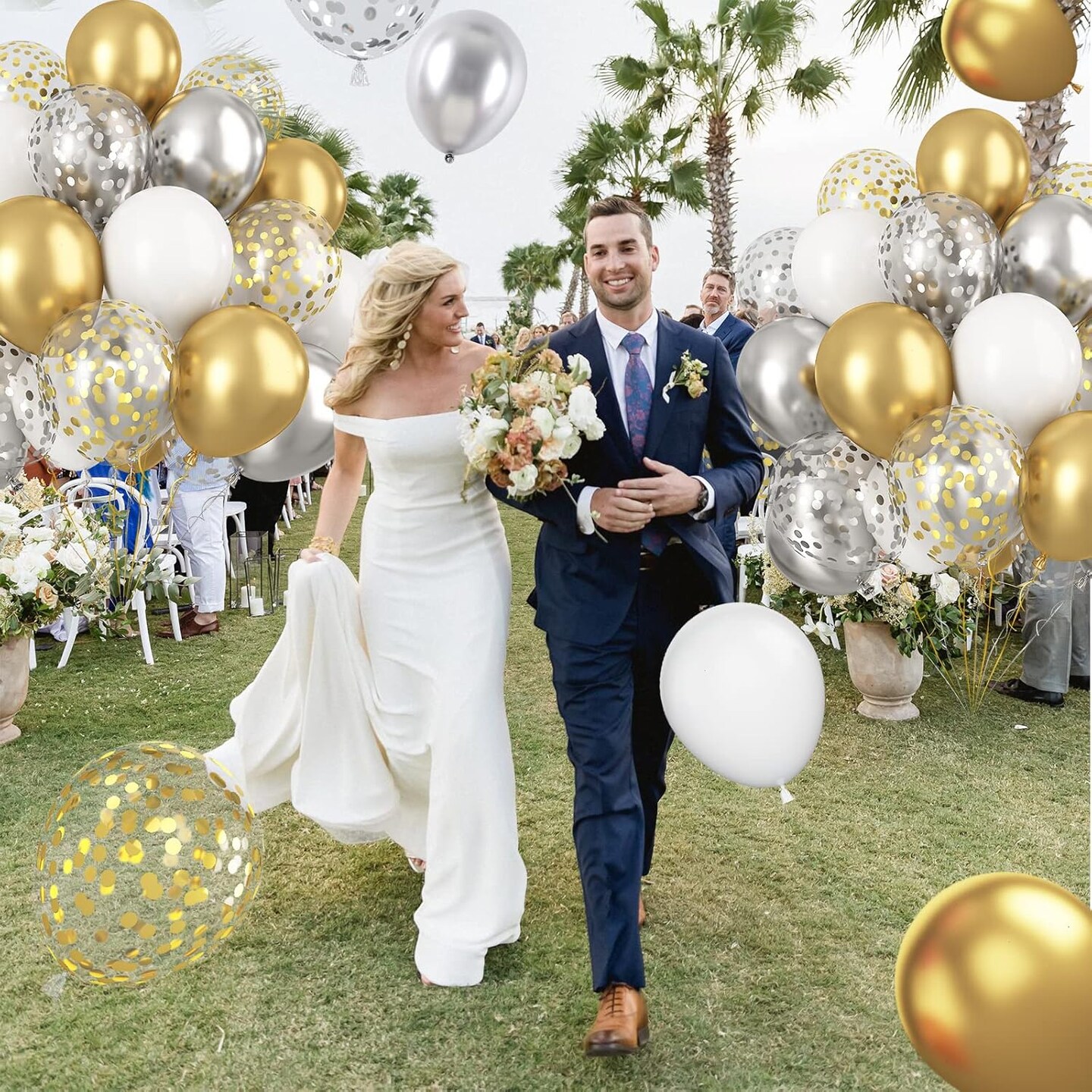 Gold and Silver Latex Balloons, 60 Pcs 12 Inch Metallic Gold Silver and White Confetti Balloons