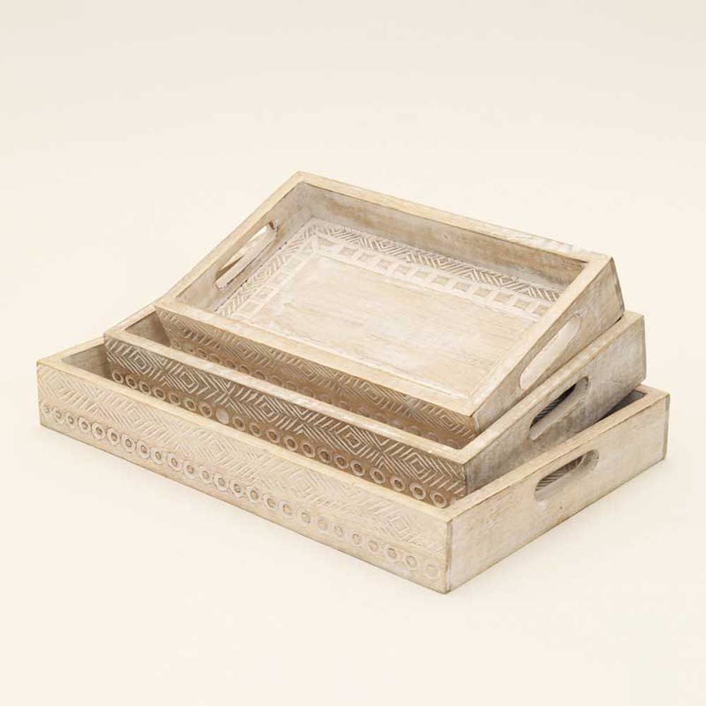 Wooden Tray (Nested) - Set of 3 Pcs - Distress White