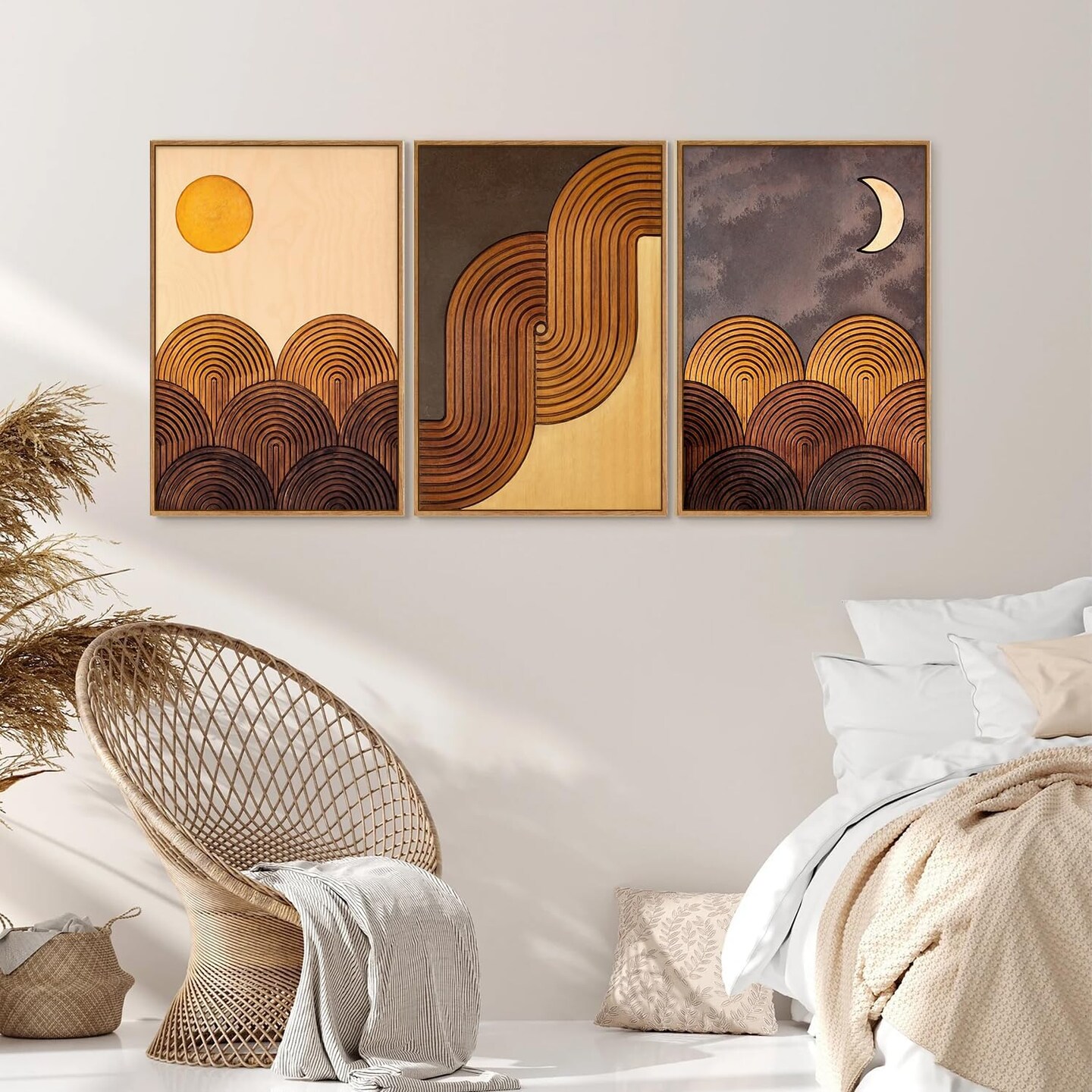 Summer Boho Mountain Framed Canvas Wall Art Set, Mid Century Modern Geometric Line Wall Decor, Bohemian Sun and Moon Art Paintings, Beige Brown Wooden Artwork for Living Room Bedroom Office 16&#x22;x24&#x22;x3