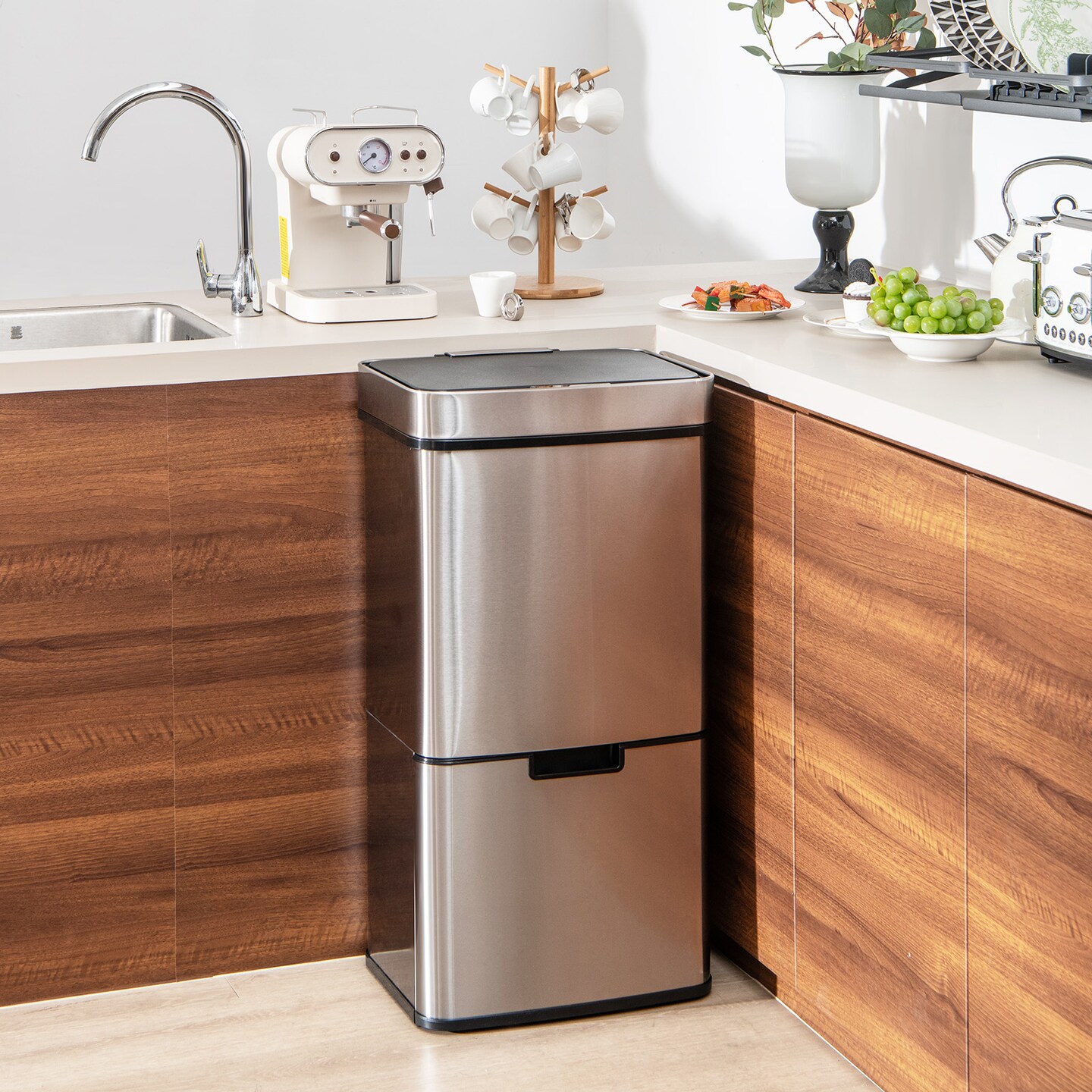 Silver Stainless Steel Motion Sensor Trash Can with 4 Compartments