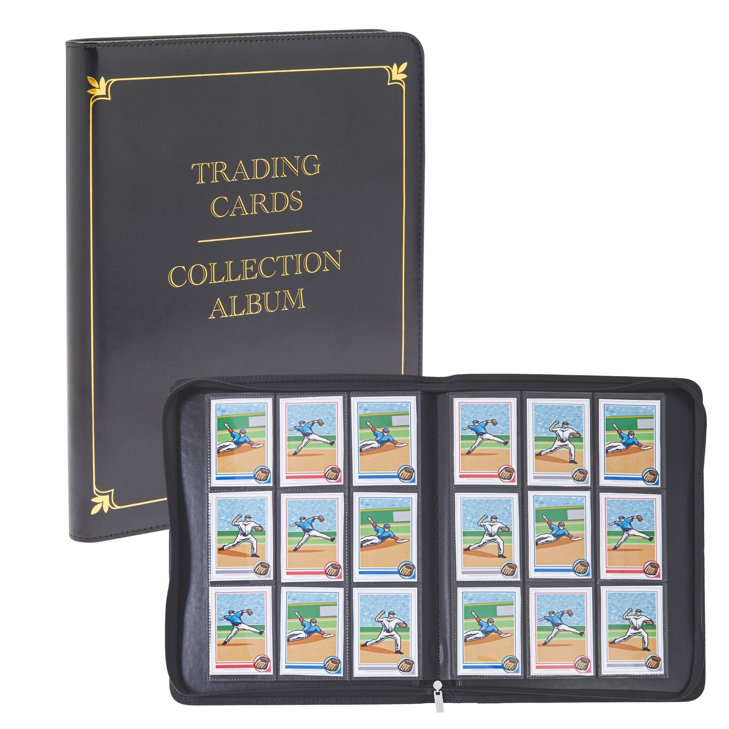 9 Pocket Trading Card Binder with Zipper for Baseball, Gaming, and Sports Cards, Black and Gold Faux Leather, Holds up to 360 Cards (14 x 11 In)