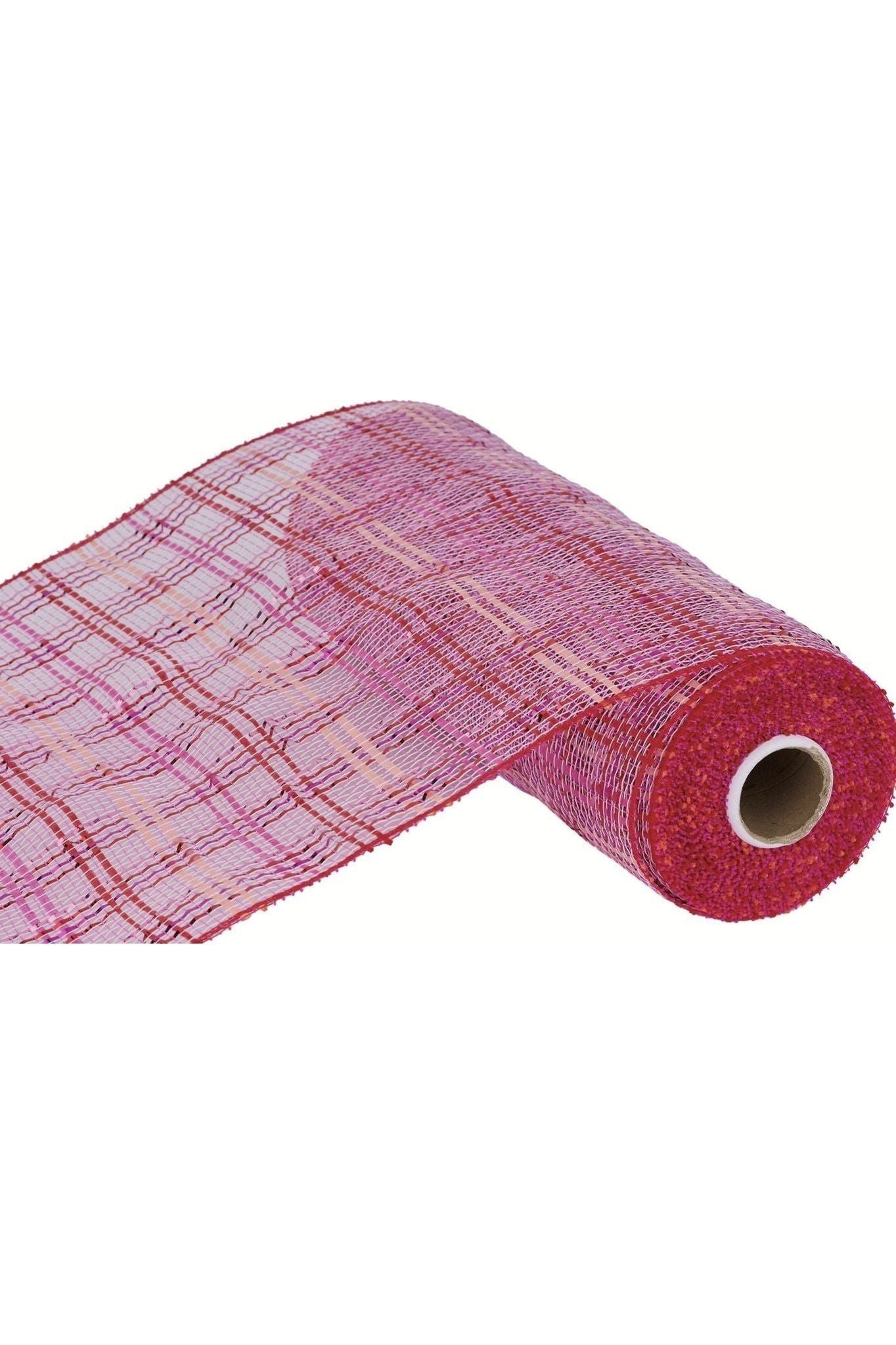 10&#x22; Vertical Foil Plaid Mesh Ribbon: Pink and Red (10 Yards)