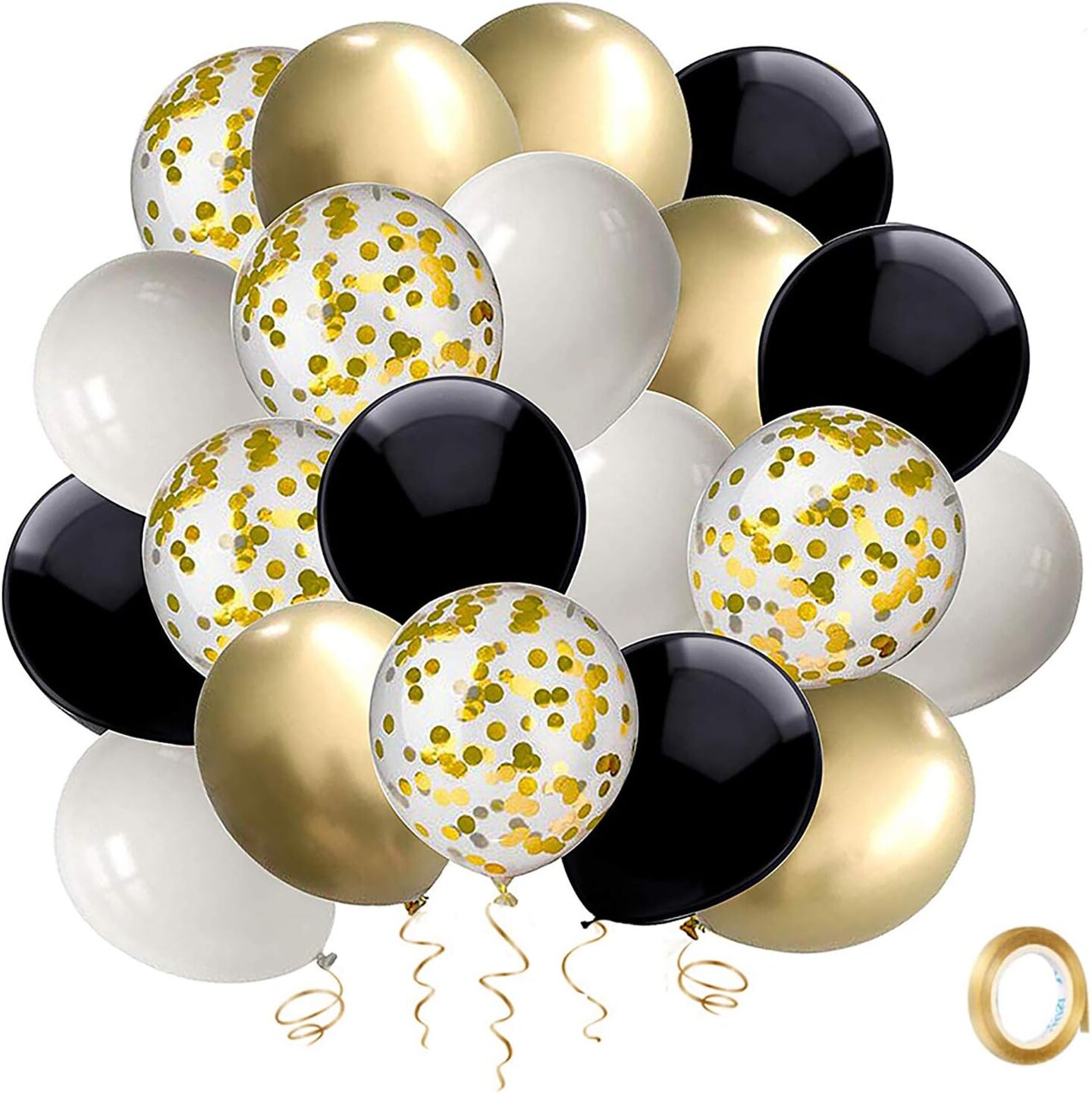 Black and Gold Confetti Balloons, 50 Pack 12inch White Latex Party Balloon Set with Gold Ribbon for New Year Graduation Birthday Baby Shower Decorations