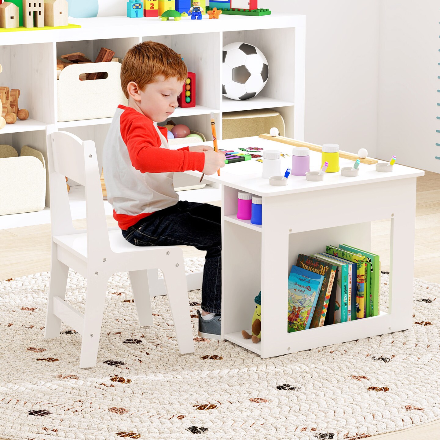 White Kids Craft Drawing Desk with Chair and 2 Spacious Storage Shelves