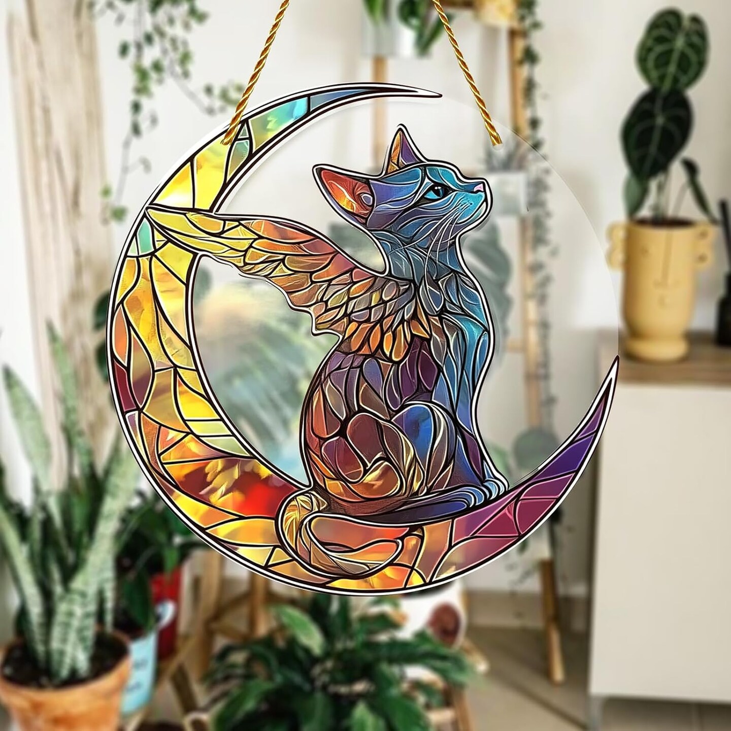 Summer Charming Cat Angel Acrylic Stained Glass Window Hanging Sun Catcher Decor Stained Panel Hangings Wall Art Decor, for Friends and Family (Cat Angel)