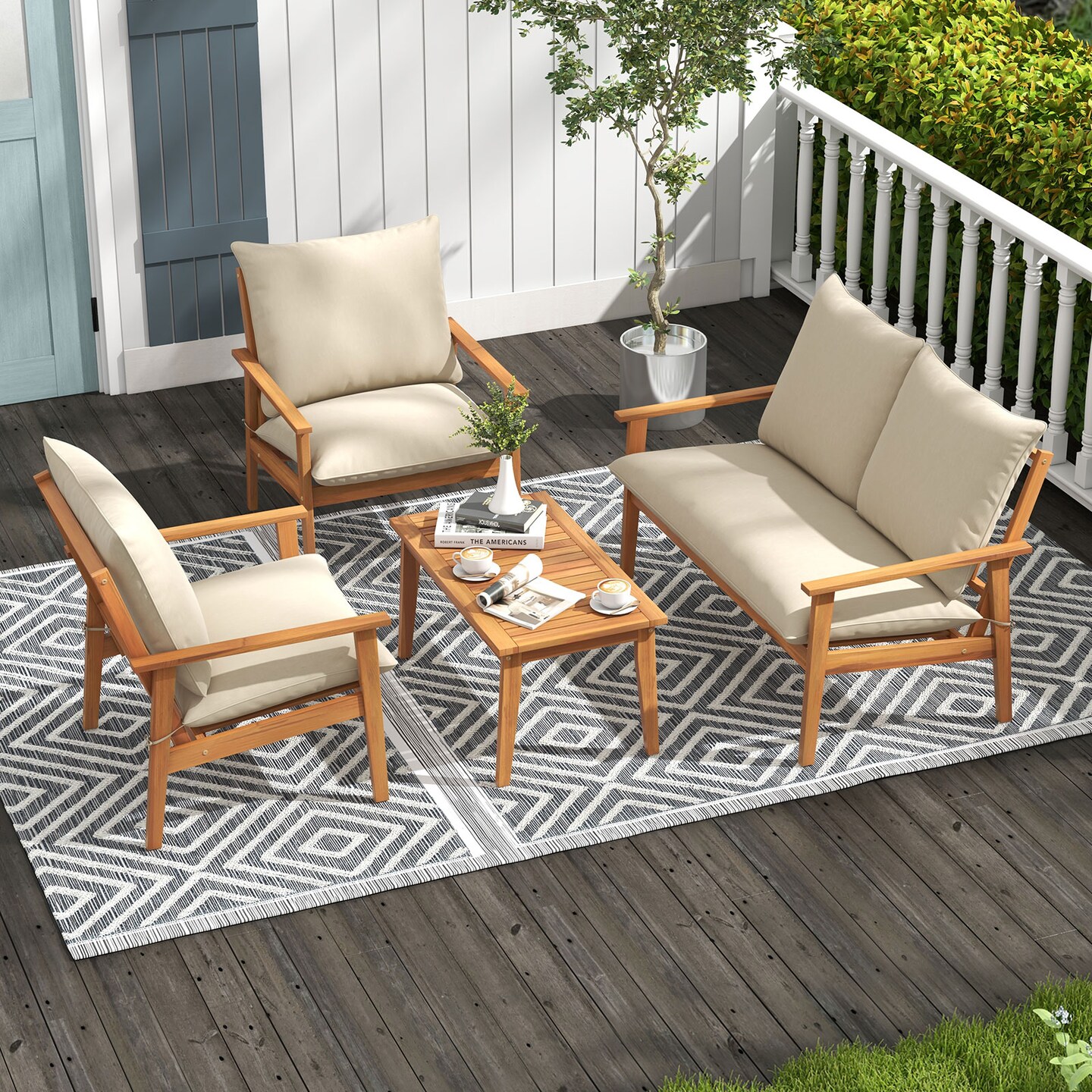 4 Pieces Wooden Outdoor Conversation Set with Soft Cushions and Rectangular Coffee Table