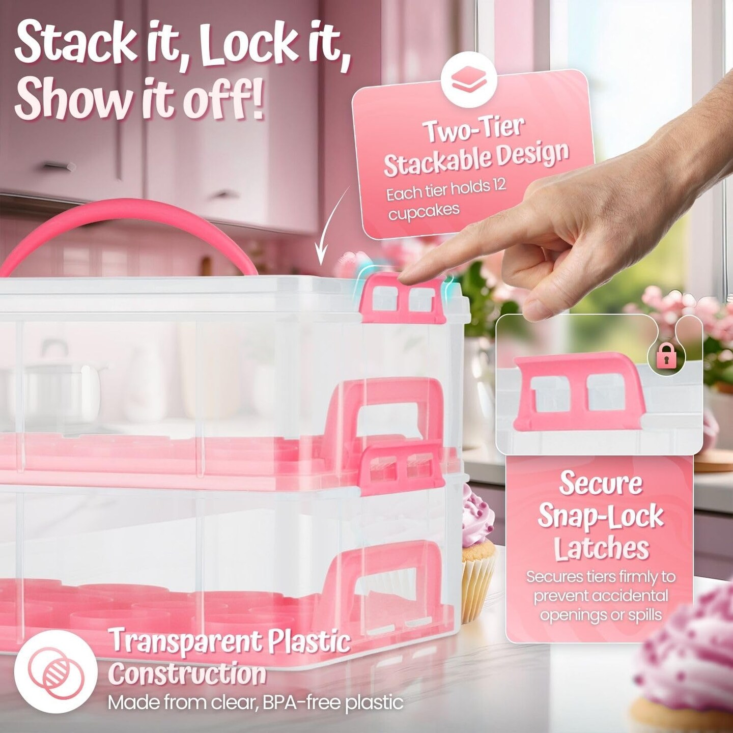 Cupcake Carrier, Cupcake Holder for 24 Cupcakes, Portable and Reusable Rectangular Cake Carrier with Lid and Handle, 2 Tier Stackable Layer Insert (Pink)