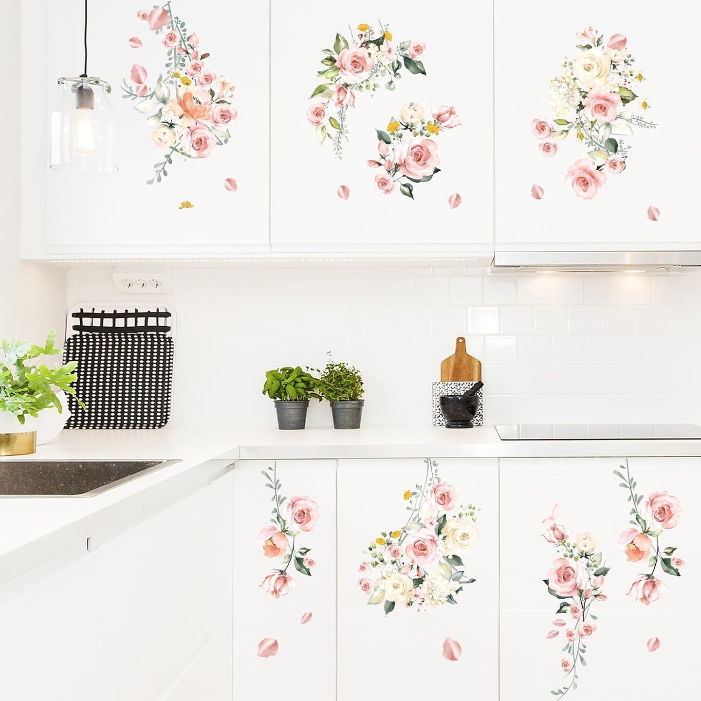 Flower Wall Decals Hanging Vine Flower Wall Stickers Pink Rose Flower Wall Decor Spring Floral Home Decorations for Nursery Living Room Girls Bedroom