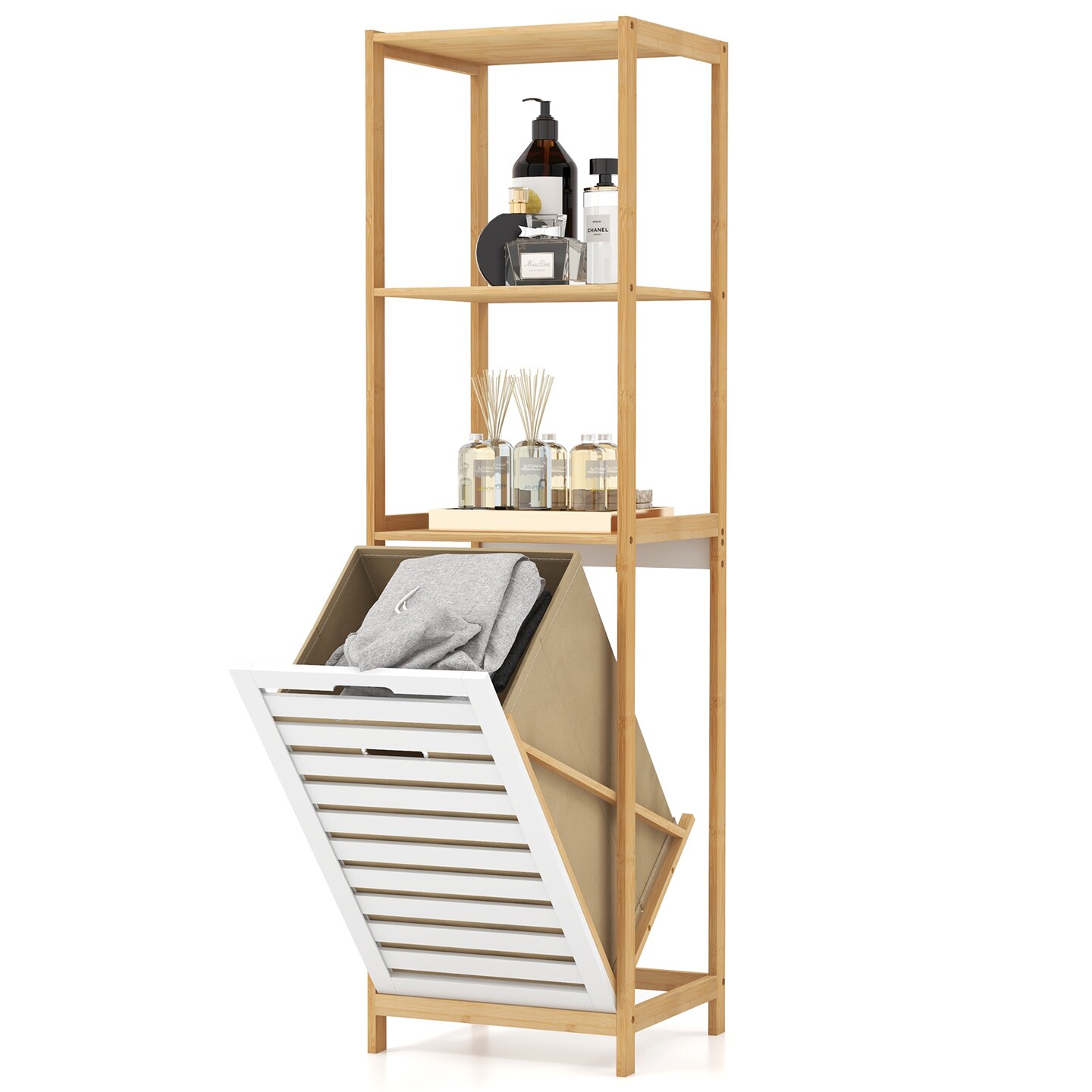 Natural 2-In-1 Storage Organizer with Tilt-Out Laundry Hamper and 3 Open Shelves