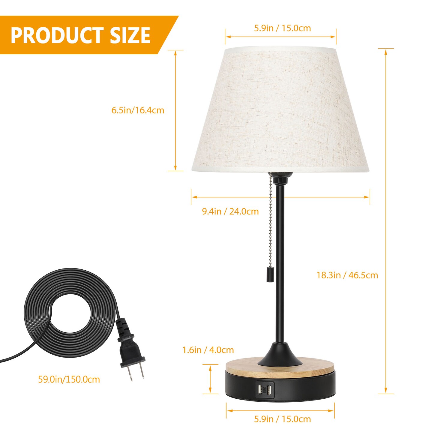 Set of 2 Beige Table Desk Lamps with Dual USB Ports &#x2013; Wood &#x26; Metal Bedside Lamps, Linen Shade, UL-Certified, Eye-Caring Lighting for Bedroom, Office, or Living Room
