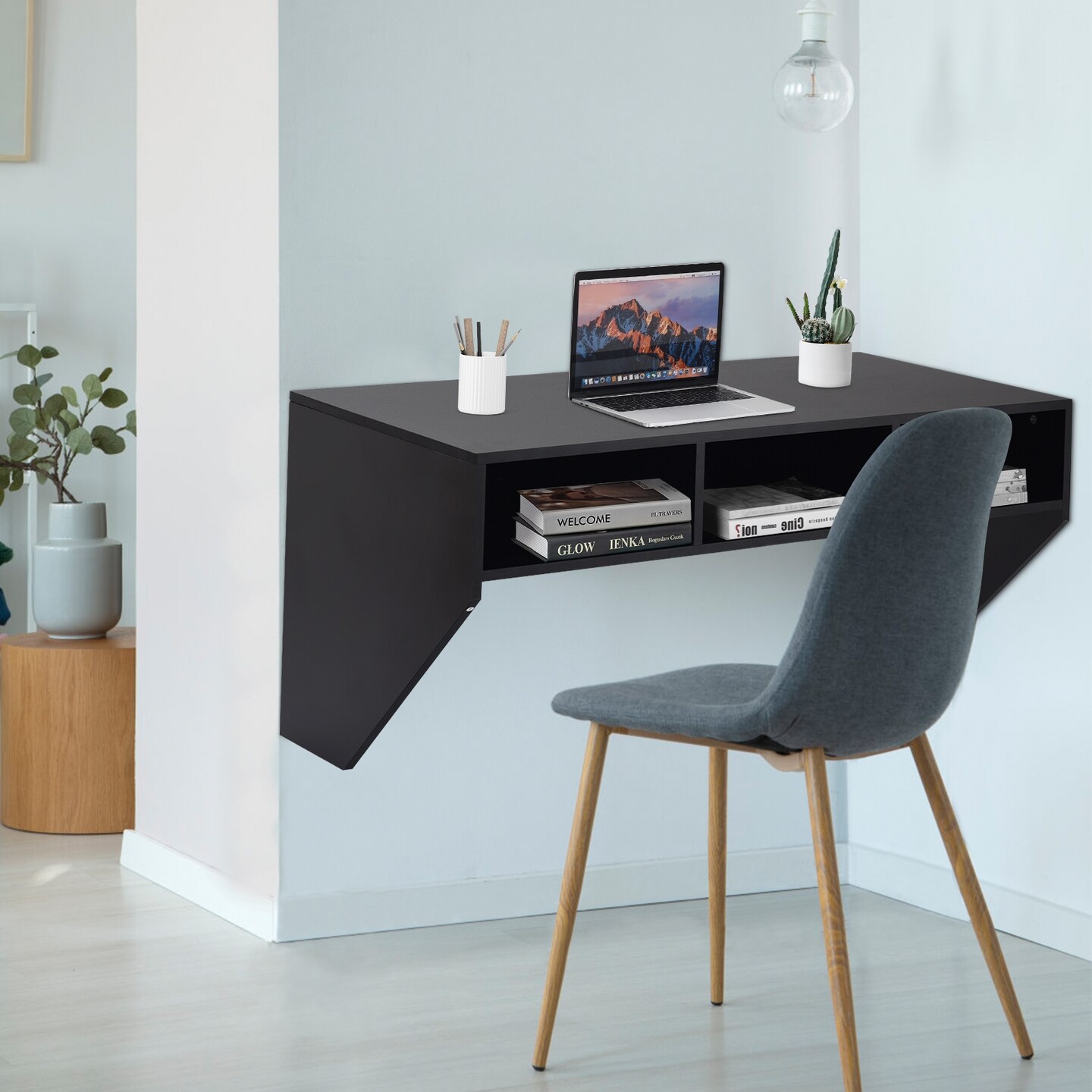 Wall Mounted Floating Sturdy Computer Table with Storage Shelf and Three Compartments Below Desk