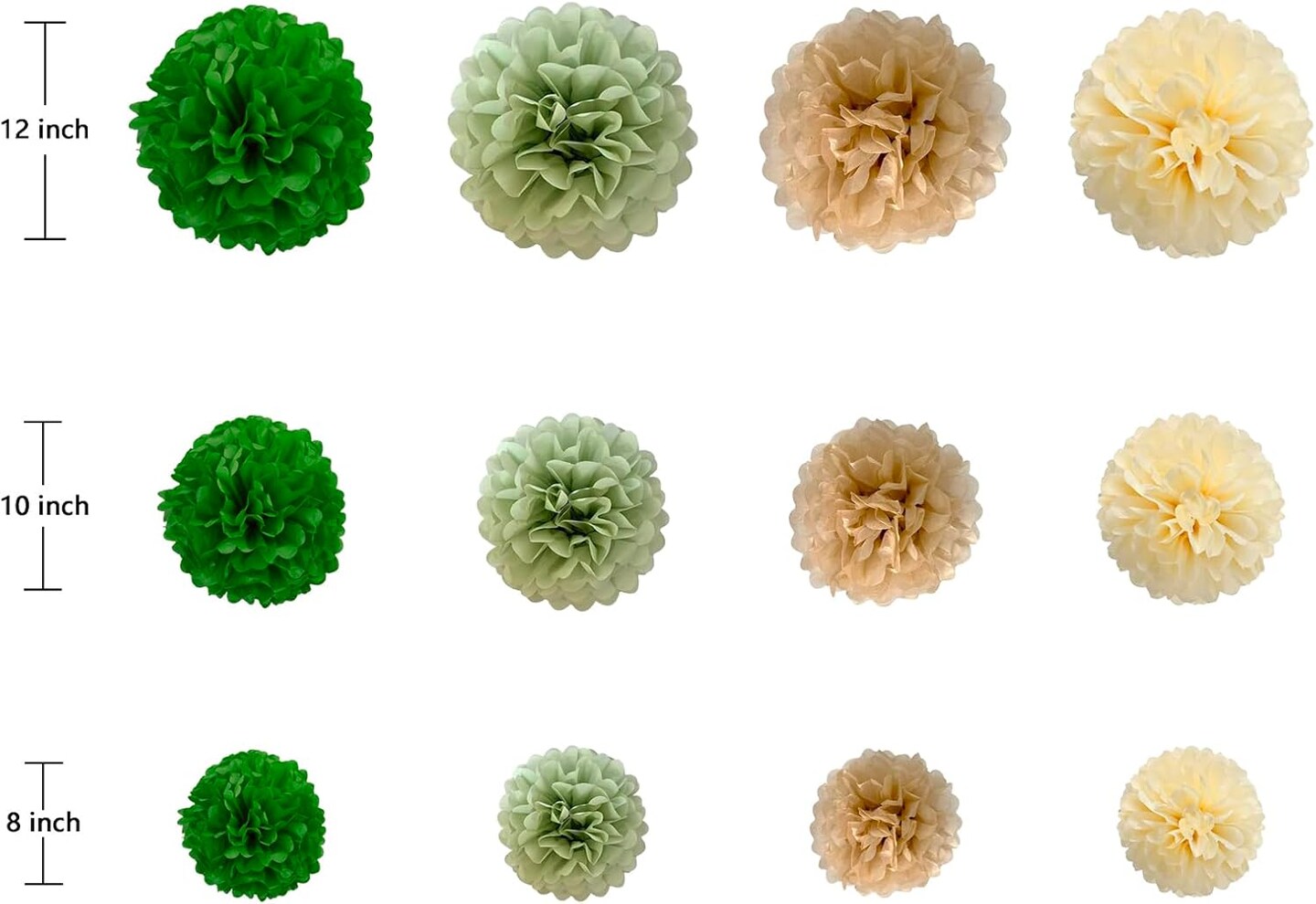Green Cream Paper Pom, White Green Party Decoration, Sage White Tissue Paper Pom Decorations for Engagement, Bachelorette, Bridal Shower, Birthday, Anniversary - 12PCS