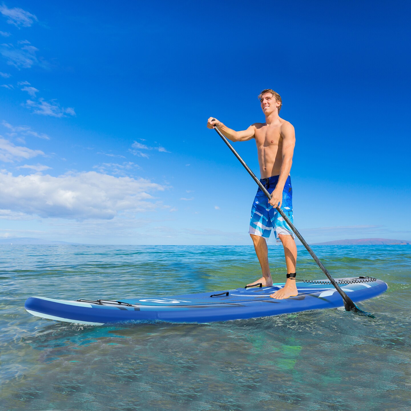 Blue Inflatable SUP Board Drop Stitch PVC EVA Aluminum Alloy Paddle Adjustable Length