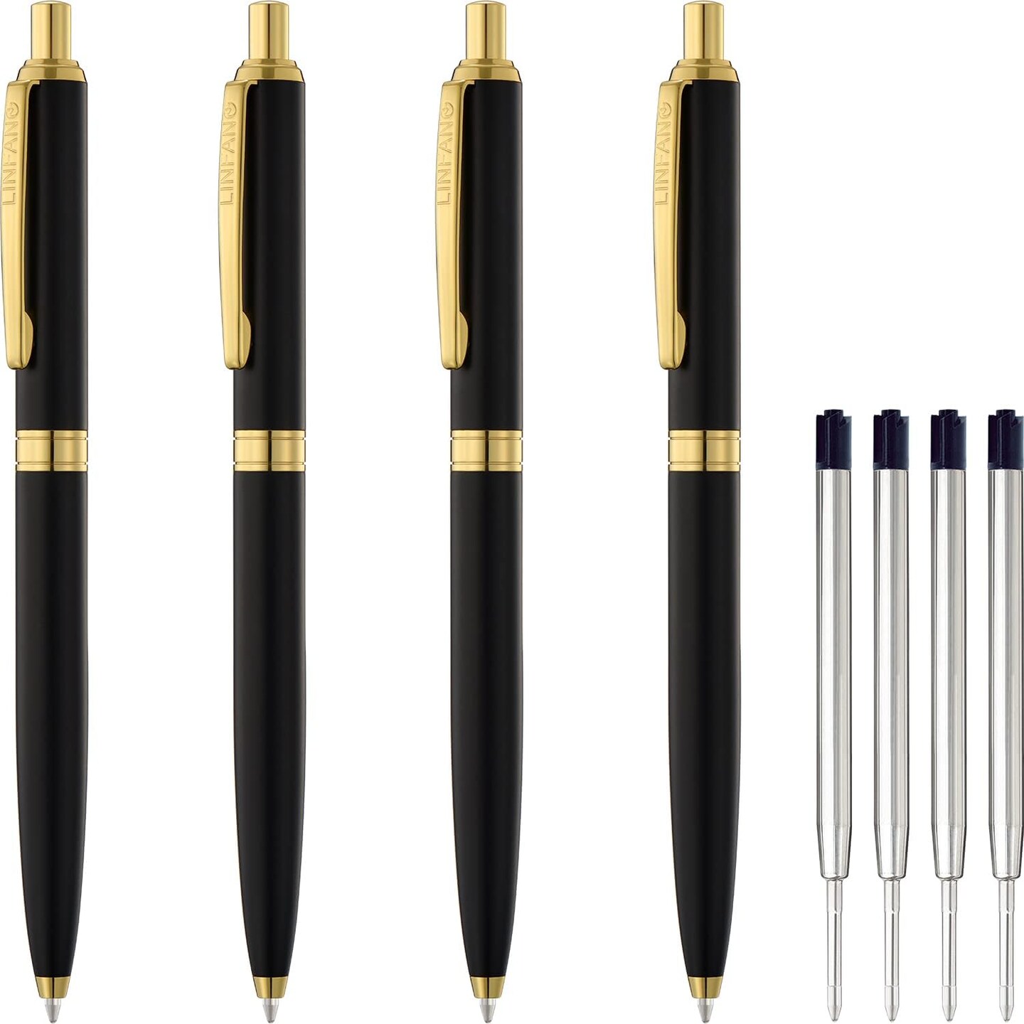 4 Pack Ballpoint Pens, Premium Retractable Metal Ballpoint Pen, Matte Black with Gold Trim, Medium Point 1.0mm Black Ink Pen for Home School Work Office Supplies, Extra 4 Refills