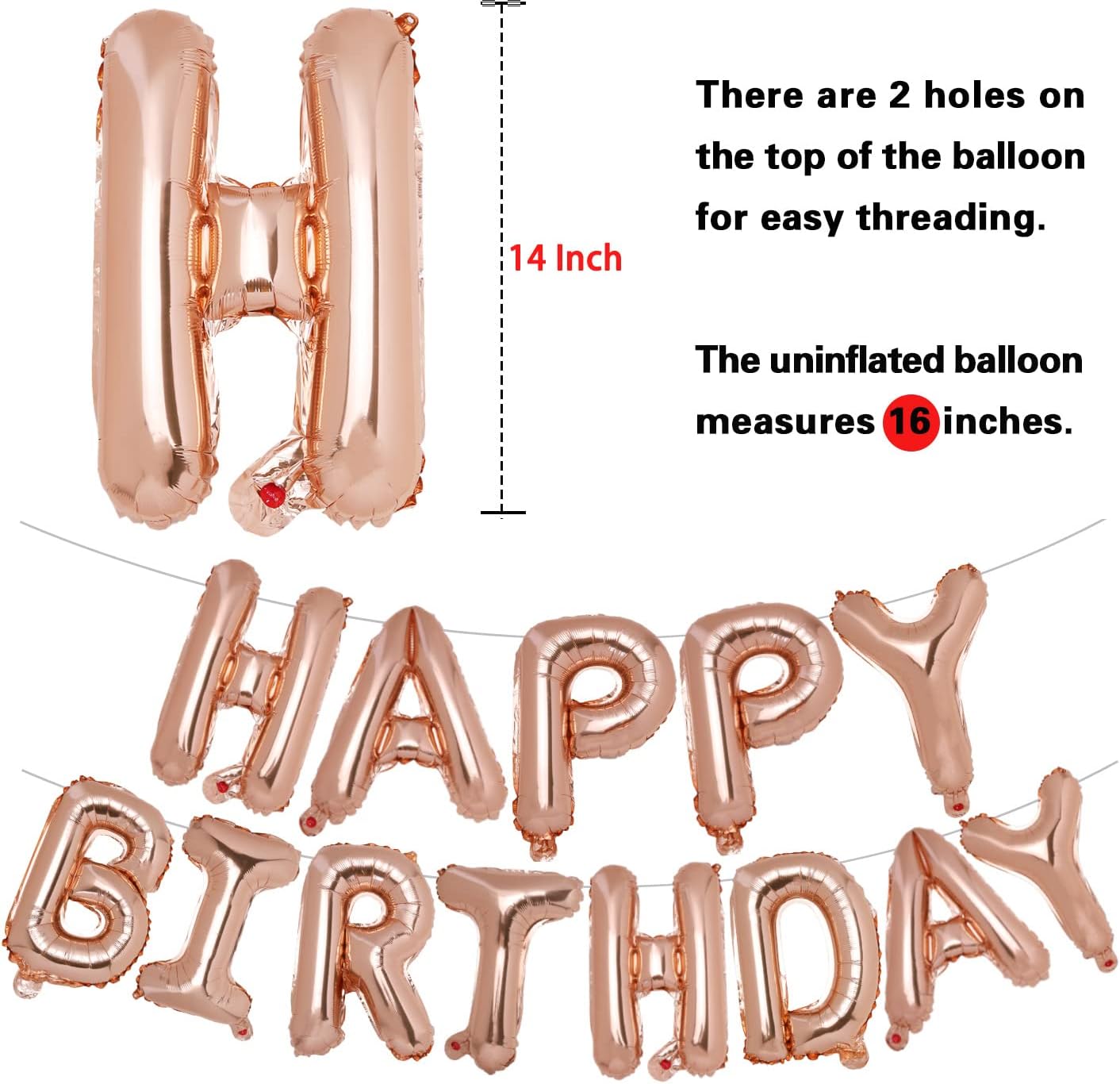 Happy Birthday Balloons Banner, 16 Inch Mylar Foil Letters Sign Inflatable Reusable Air Balloons for Girls Kids Birthday Party Supplies Baby Shower Decor (Rose Gold)