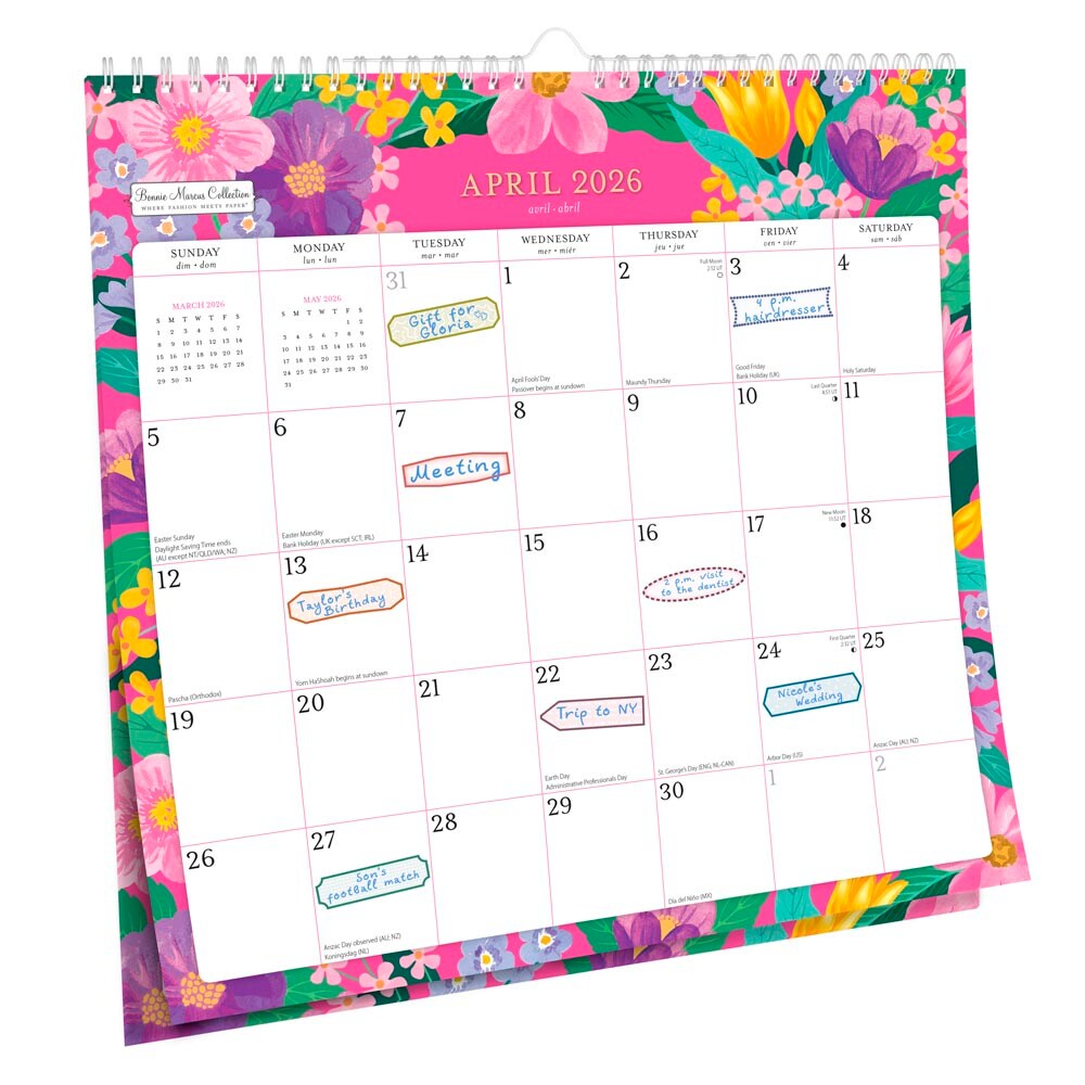 Bonnie Marcus OFFICIAL | 2026 12 x 12 Inch (Hanging) 18 Months Monthly Square Wire-O Calendar | Sticker Sheet | July 2025 - December 2026
