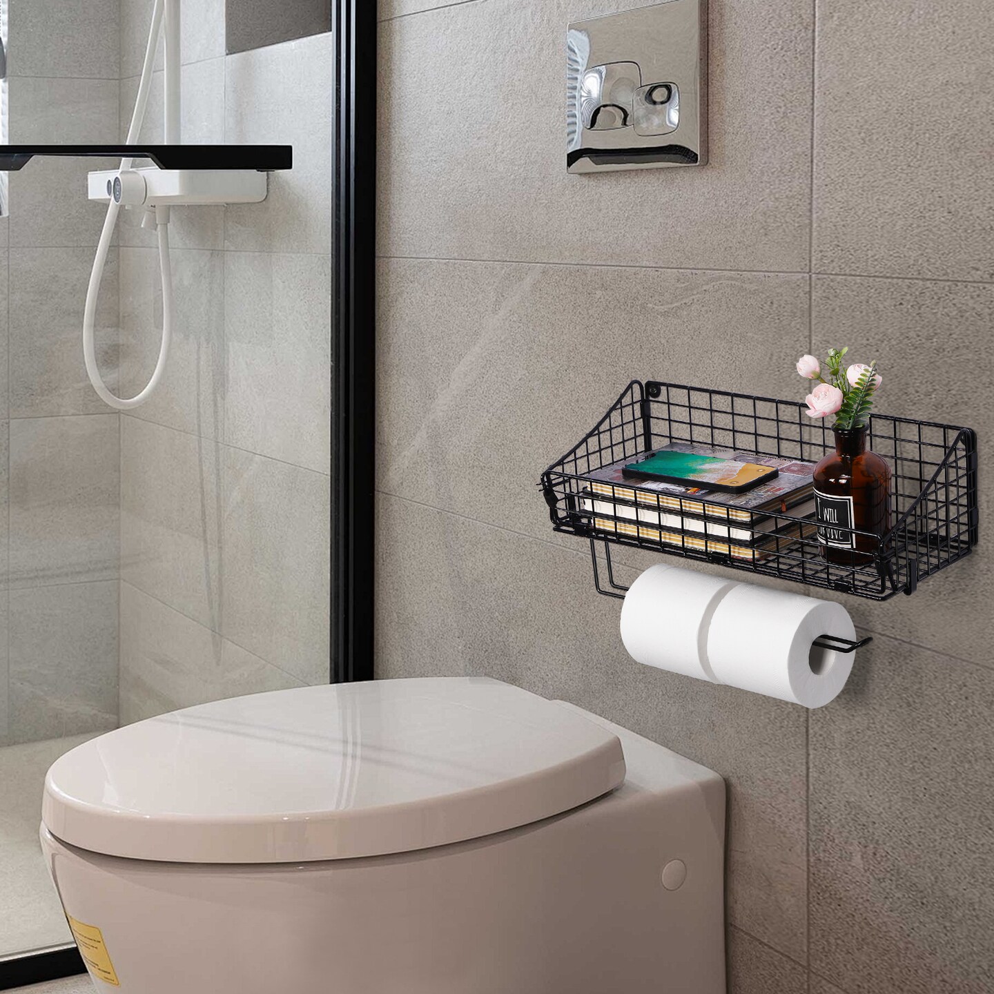 Multi-Functional Wall-Mounted Metal Basket Organizer with Foldable Paper Towel Holder – Space-Saving Storage Shelf for Kitchen, Bathroom, Bedroom & Hallway Black