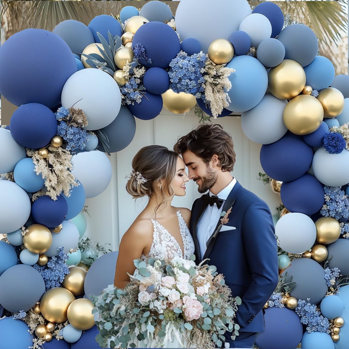 Dusty Blue Gold Balloons Arch Kit, Double Stuffed Pastel Balloon Arch Pastel Light Dark Denim Pale Blue Balloons With Blue Gold Balloons for Baby Shower Birthday Wedding Graduation Party Decorations