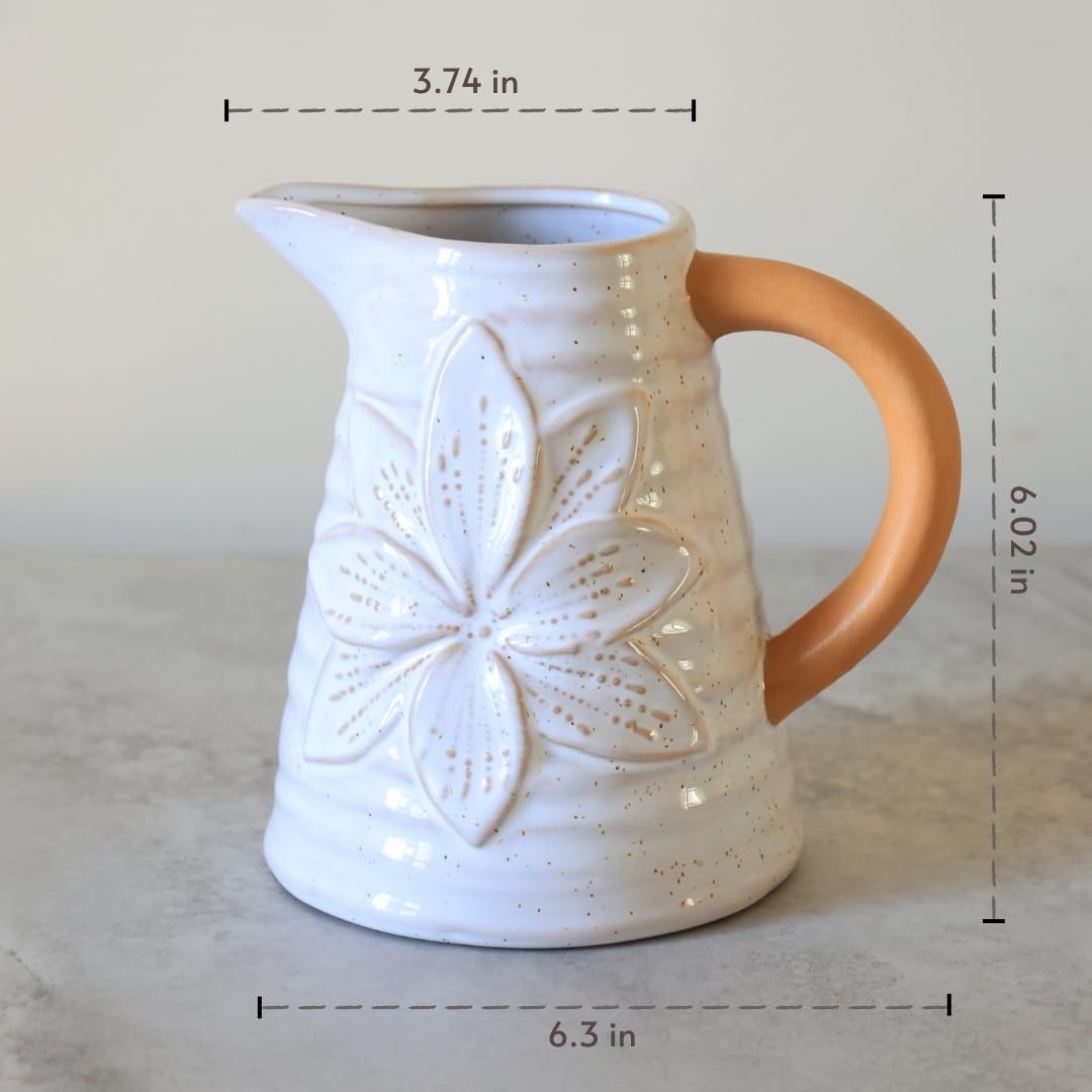 Rustic Farmhouse Vase, Polka Dot Flower Pattern Design for All Home Decor Styles, Ceramic Flower Vase, Ideal for Living Room,Dining Room, Mantel, Bedroom,Office, Bookshelf Decoration 6.3"L x 4.72"W x 6.02"H