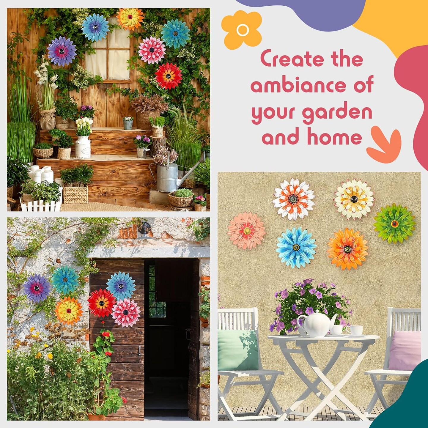 6 Pcs Summer Metal Flower Wall Art Decor 8 Inch Sunflower Wall Decorations Hanging Outdoor Art Multicolored Handmade Metal Flowers Outdoor Decor(Cute Color)