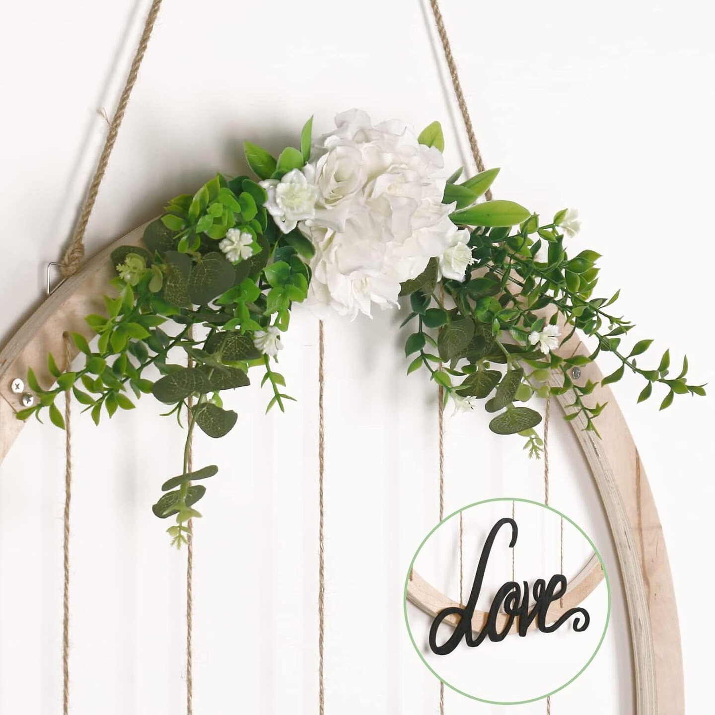 Large Round Wooden Multi Picture Frames - 60CM/23.62" Artificial Flower/Eucalyptus Hanging Display Board Photo Frames Collage Wall Decor, for Spring Mother's Day Grandma Christmas