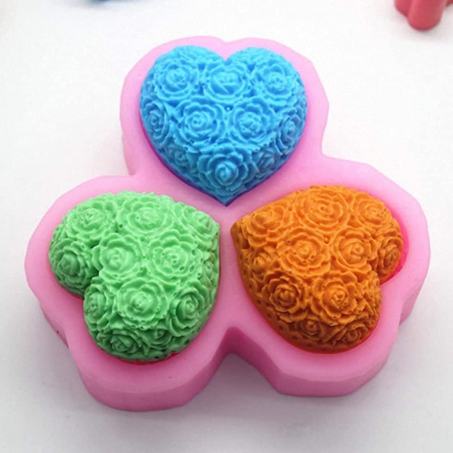 3-Cavity Heart Rose Flower Silicone Soap Mold Fondant Mold