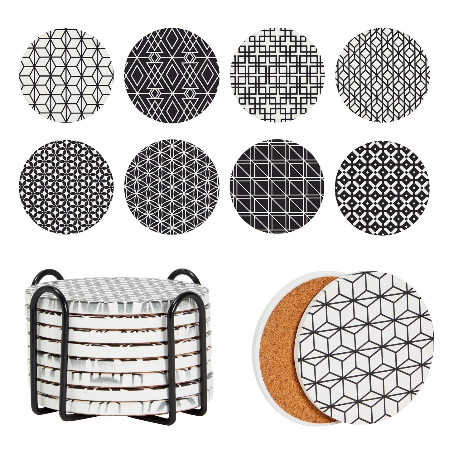 Set of 8 Round Ceramic Coasters for Drinks with Holder and Cork Base, Geometric Design (4 Inches)