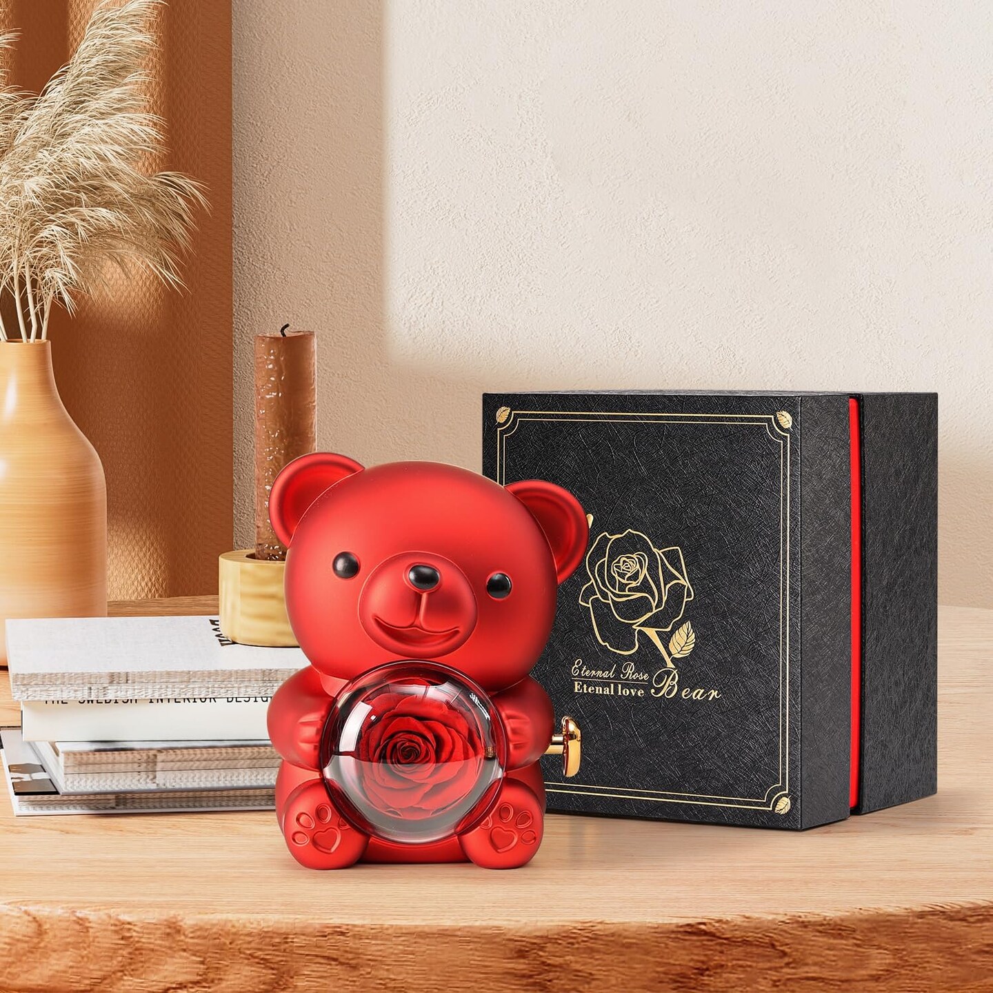 Cute Teddy Bear with Preserved Rose - A Real Rose Flower in Bear with Elegant Gift Box - Romantic Gift for Her in Mother's Day, Weddings, Anniversaries, and Bridal Showers