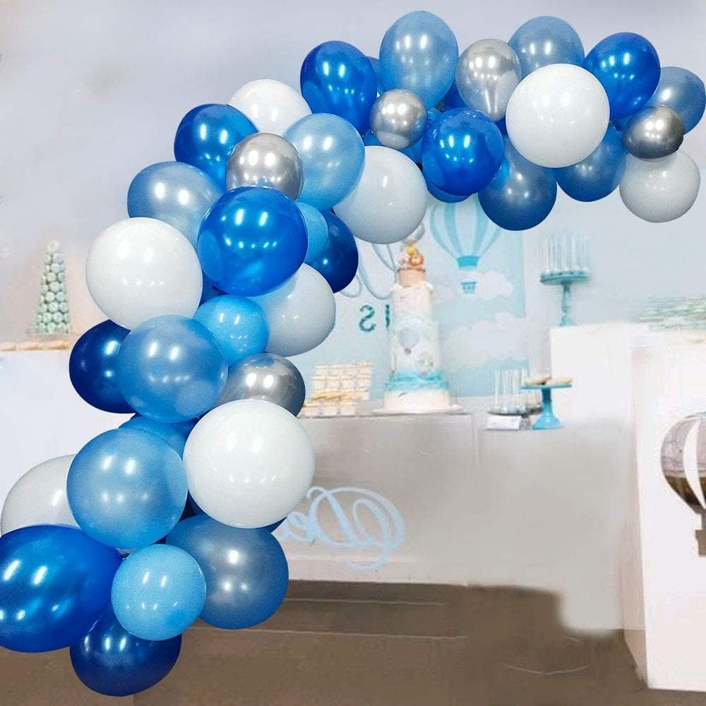 16ft Blue White and Silver Balloon Garland Arch Kit with 117 Balloons - Easy Assembly Party Decor for Birthdays, Weddings, Baby Showers- Includes Arch Strip &#x26; Dot Glue
