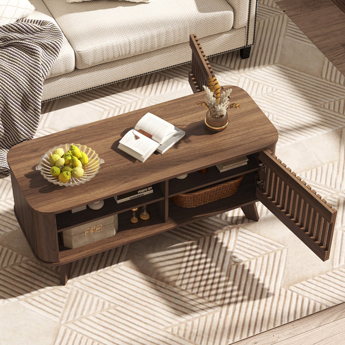 Walnut MDF Coffee Table with Storage Adjustable Shelves and Lattice Doors